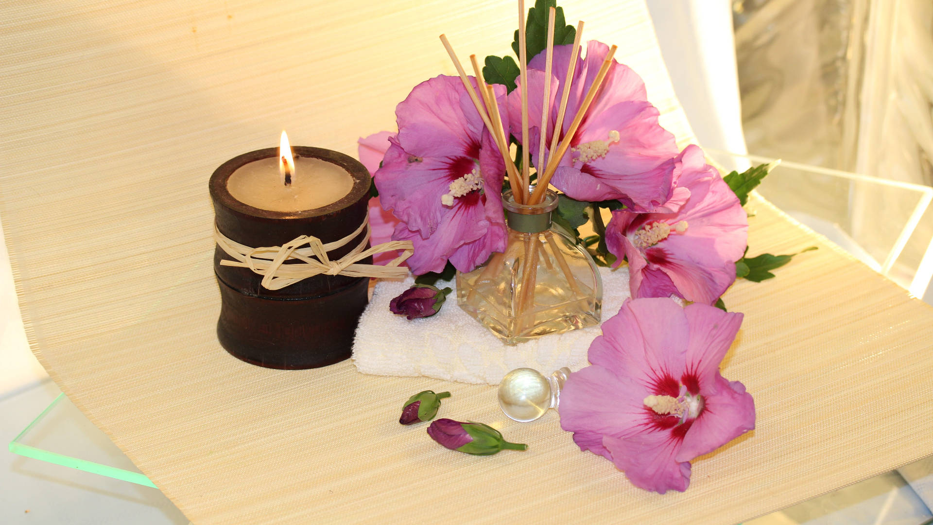 Ayurveda HD, pink hibiscus, bamboo candle, Full HD Desktop Wallpaper