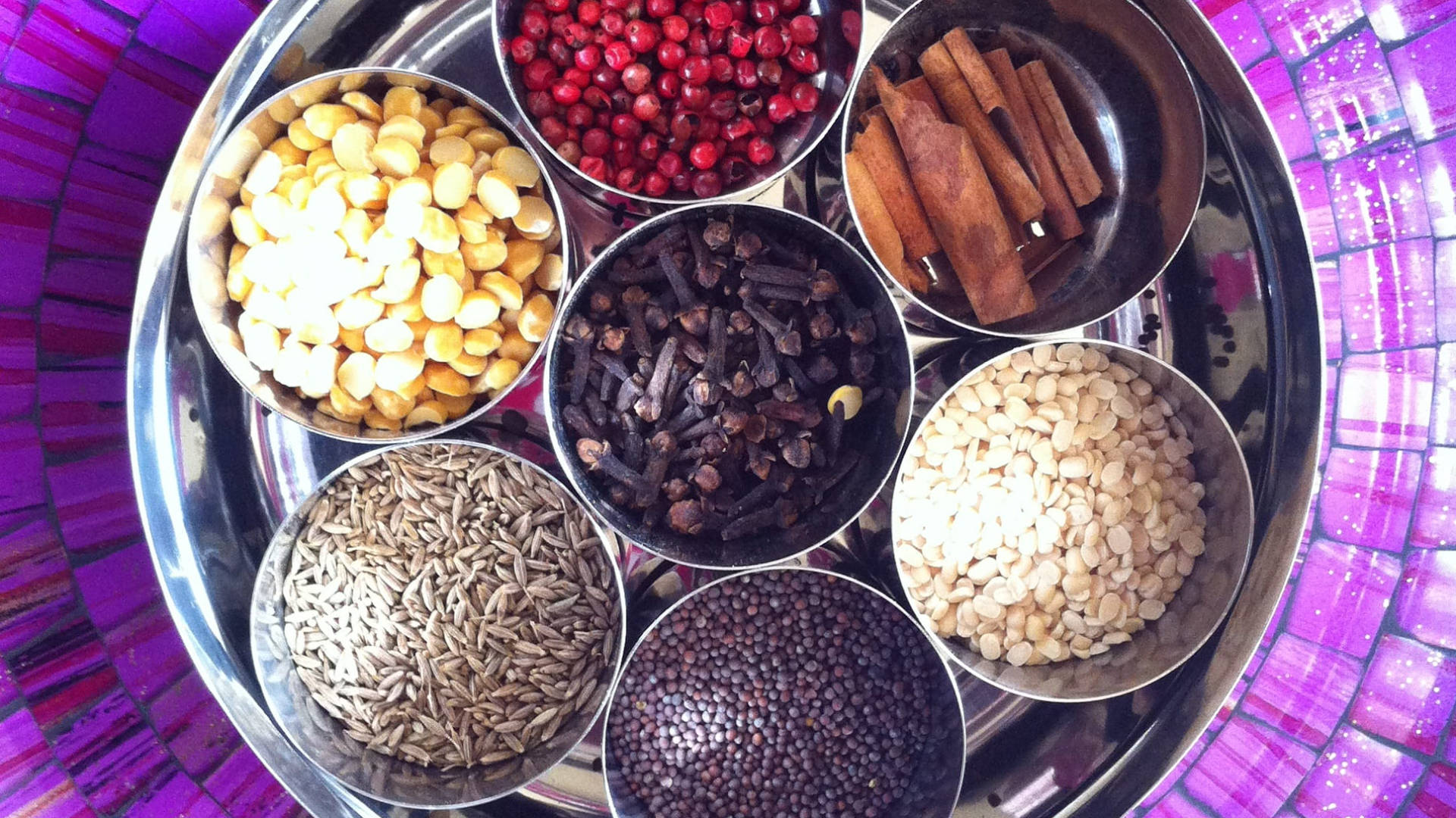 Ayurveda HD, metal bowls, colorful spices, Full HD Desktop Wallpaper