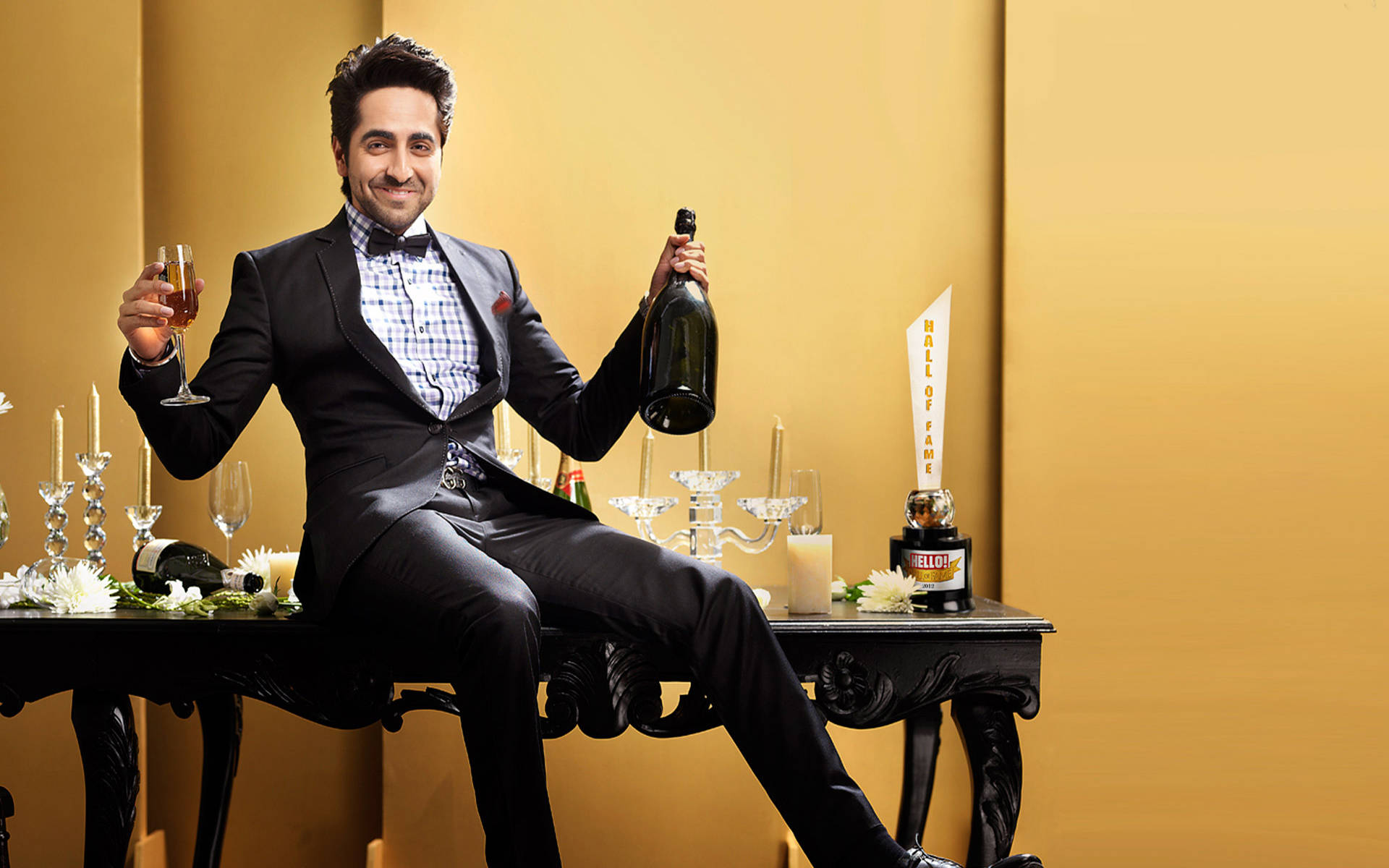 Ayushmann Khurrana, black suit, champagne bottle, Full HD Desktop Wallpaper