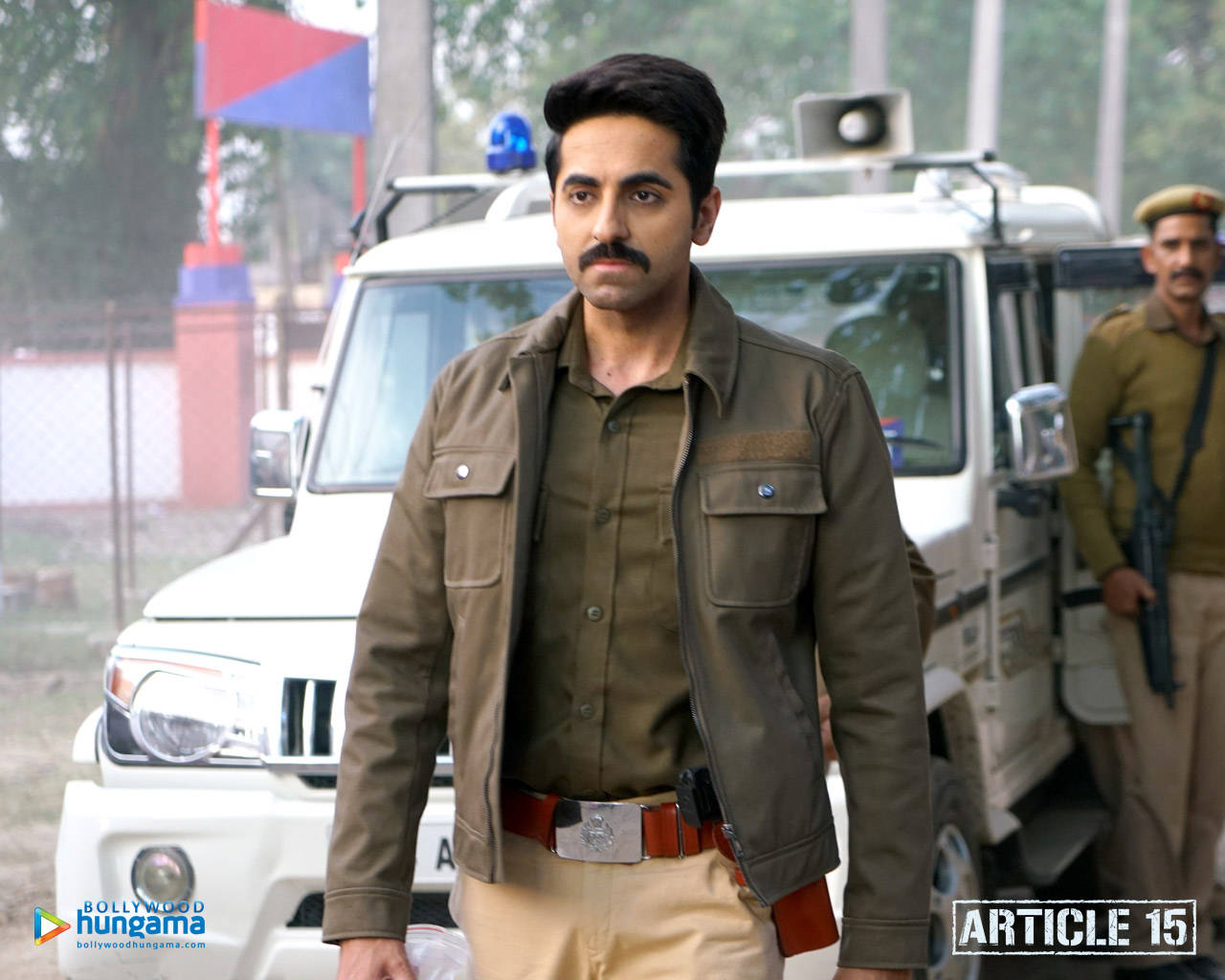 Ayushmann Khurrana, khaki uniform, white patrol vehicle, HD Desktop Wallpaper