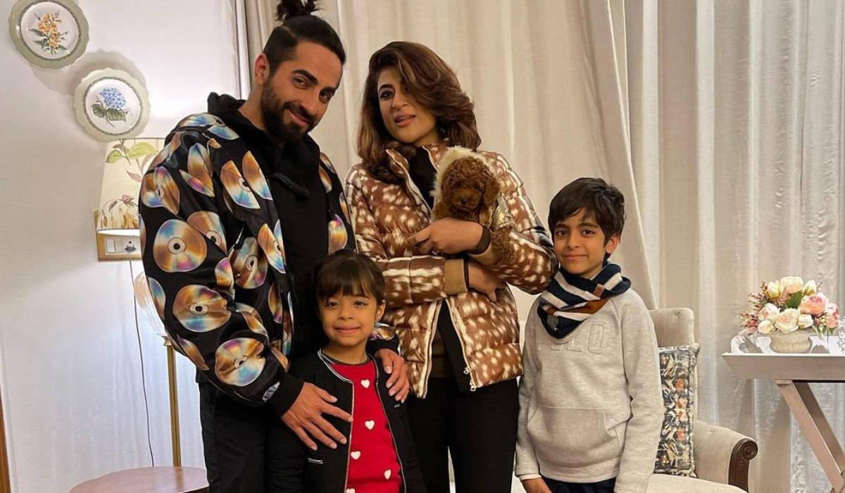 Ayushmann Khurrana, family of four, small dog, SD Desktop Wallpaper