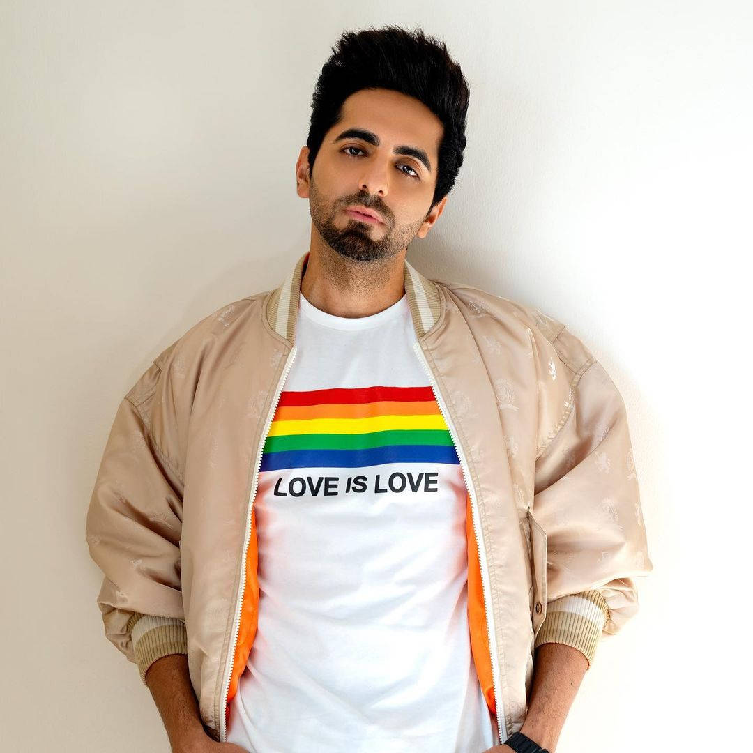 Ayushmann Khurrana, rainbow shirt, beige bomber jacket, SD Desktop Wallpaper