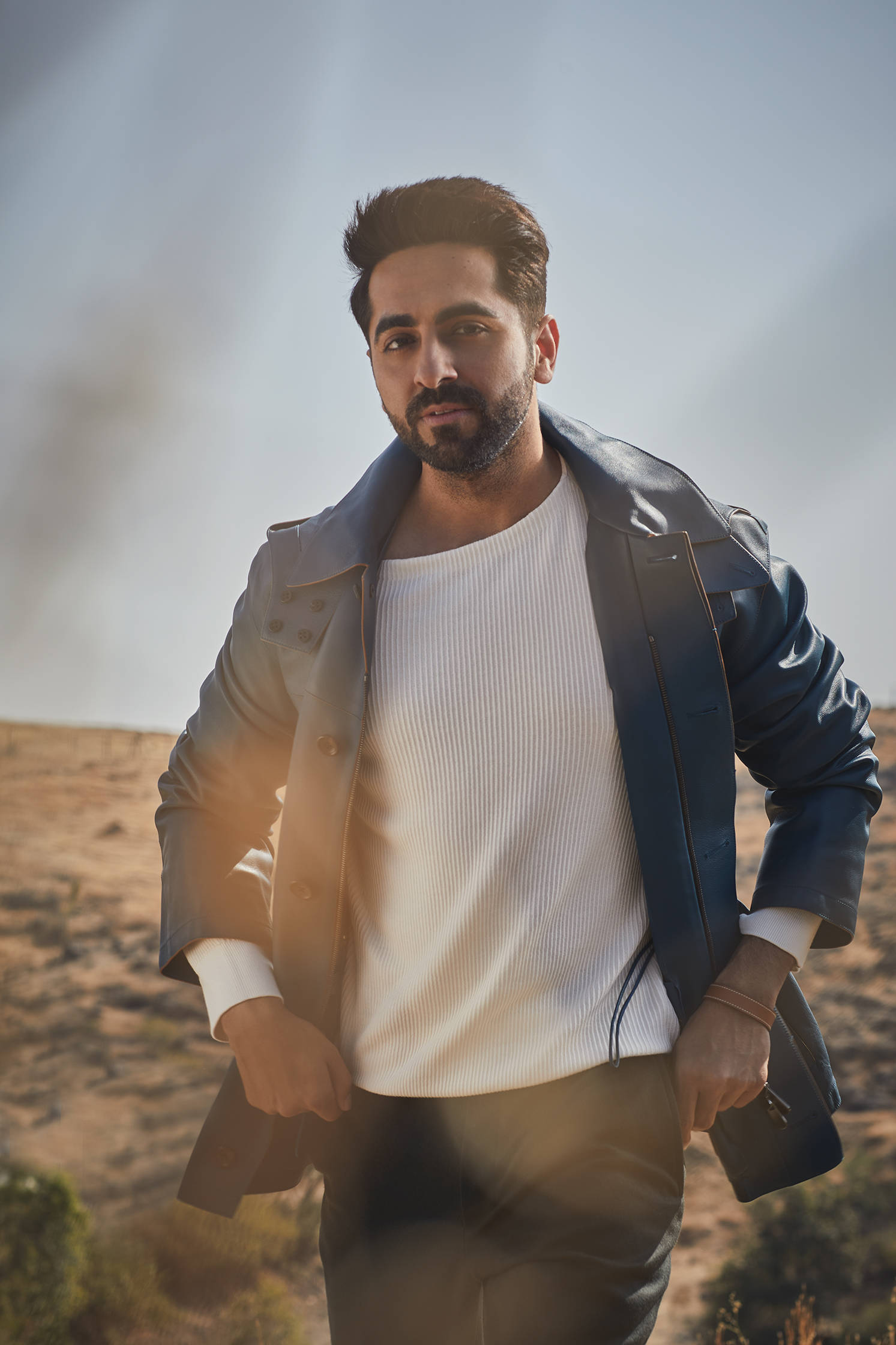 Ayushmann Khurrana, blue leather jacket, white ribbed shirt, Full HD Phone Wallpaper