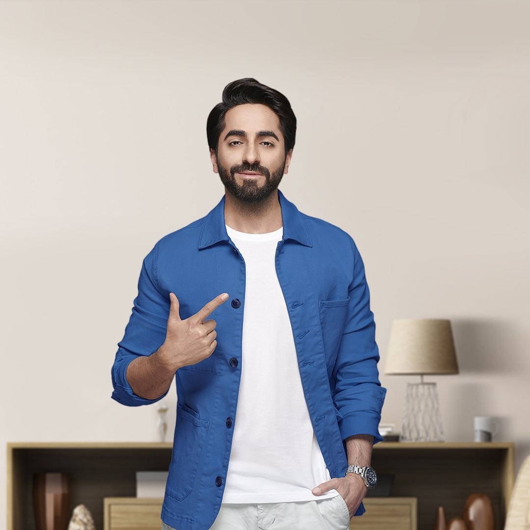 Ayushmann Khurrana, blue jacket, minimalist indoor setting, SD Desktop Wallpaper