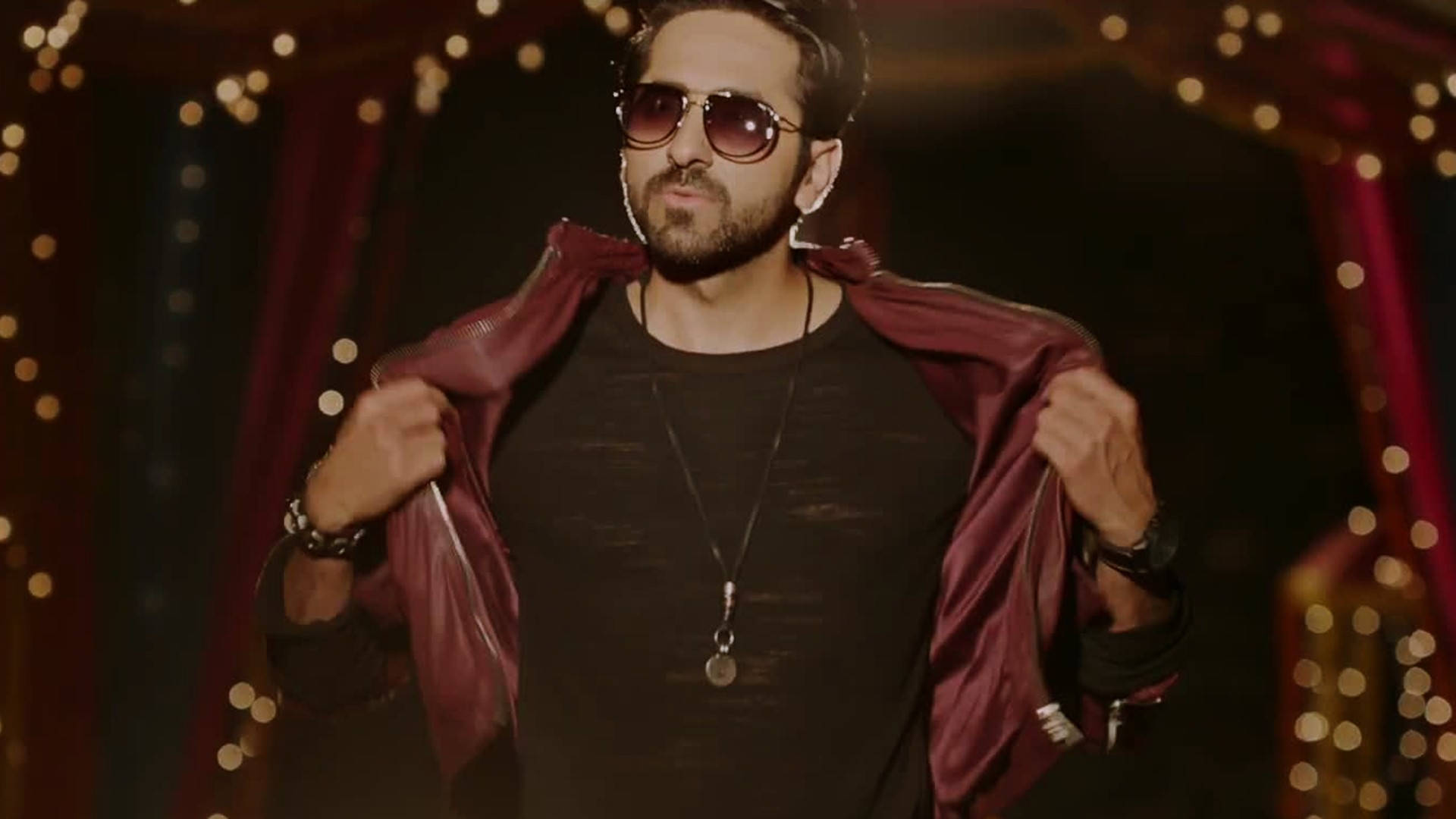 Ayushmann Khurrana, maroon jacket, glowing string lights, Full HD Desktop Wallpaper