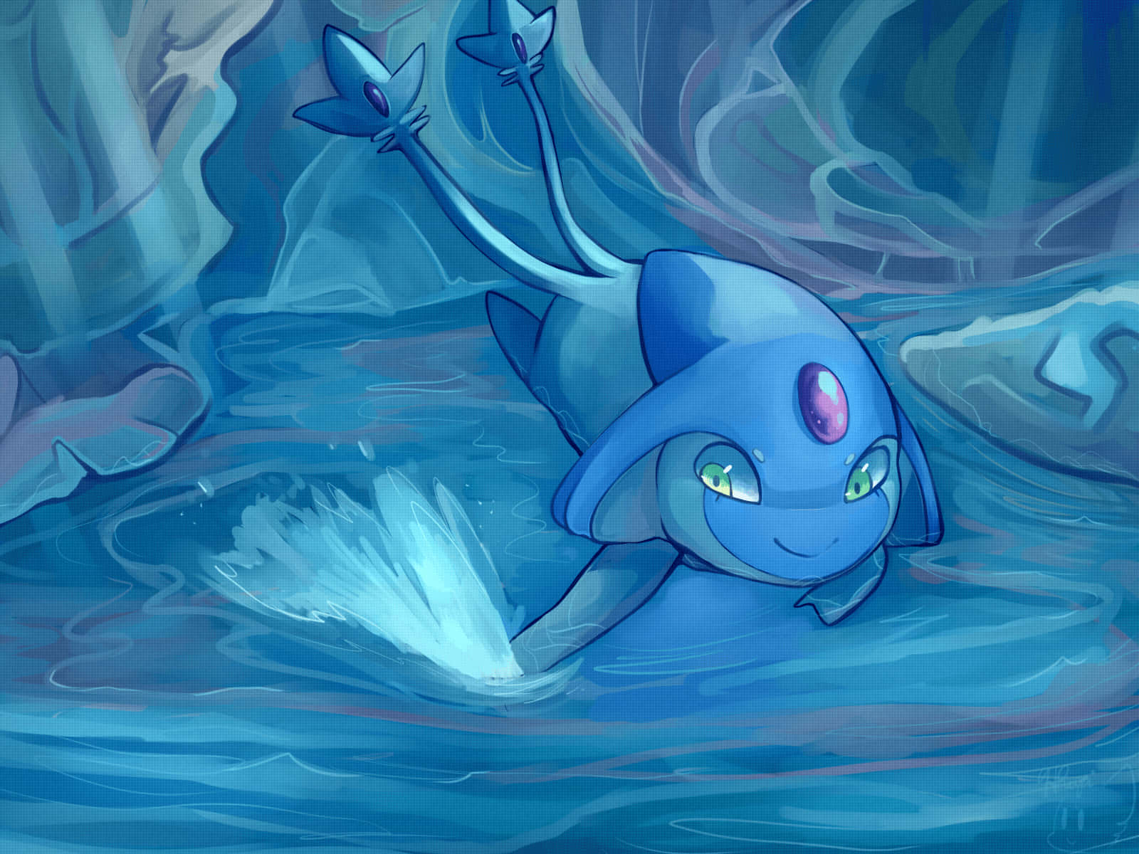 Azelf, blue cartoon dolphin, gem on its forehead, HD Desktop Wallpaper