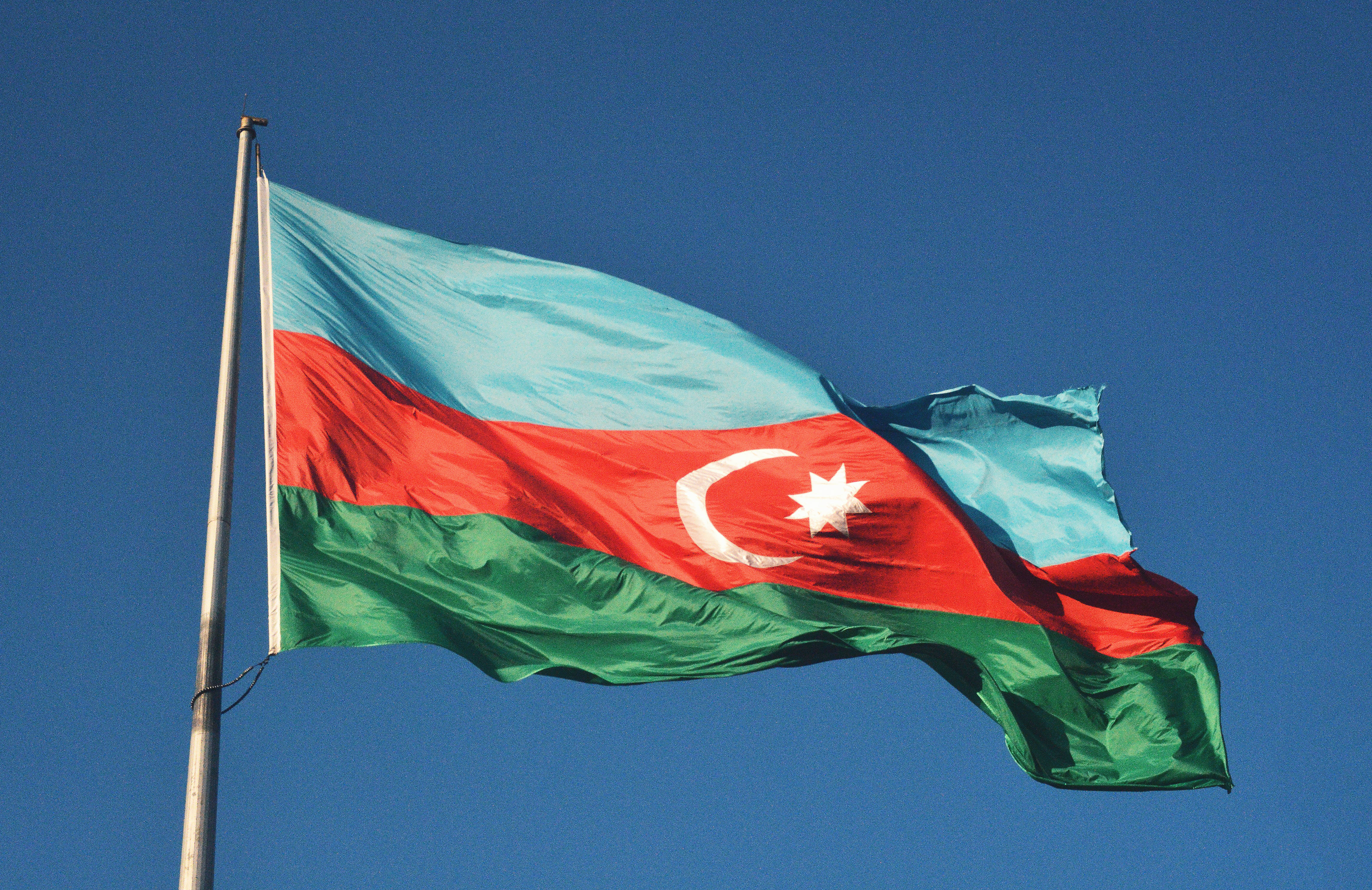 Azerbaijan flag, red blue and green stripes, white crescent star, 4K Desktop Wallpaper