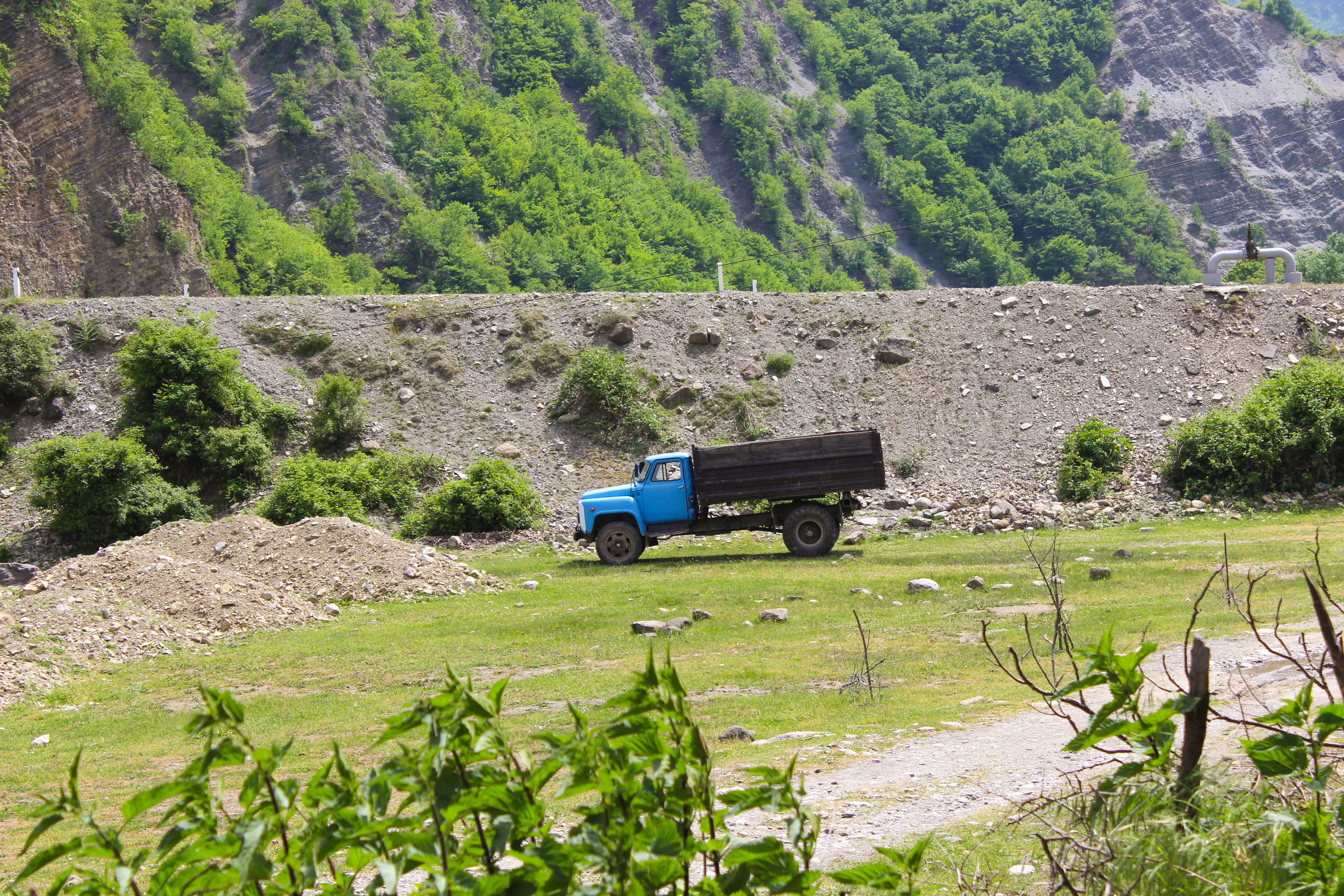 Azerbaijan, green landforms, vintage blue dump truck, 5K Desktop Wallpaper