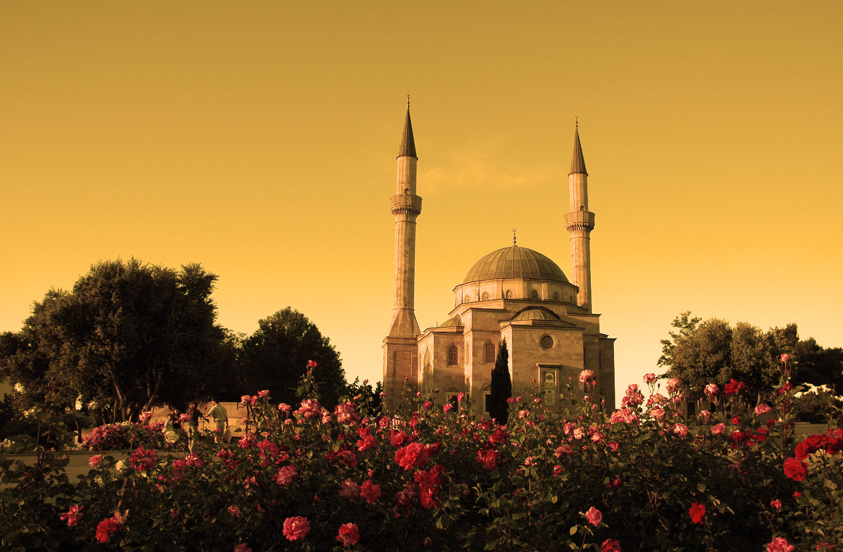 Azerbaijan, mosque, twin minarets, 2K Desktop Wallpaper