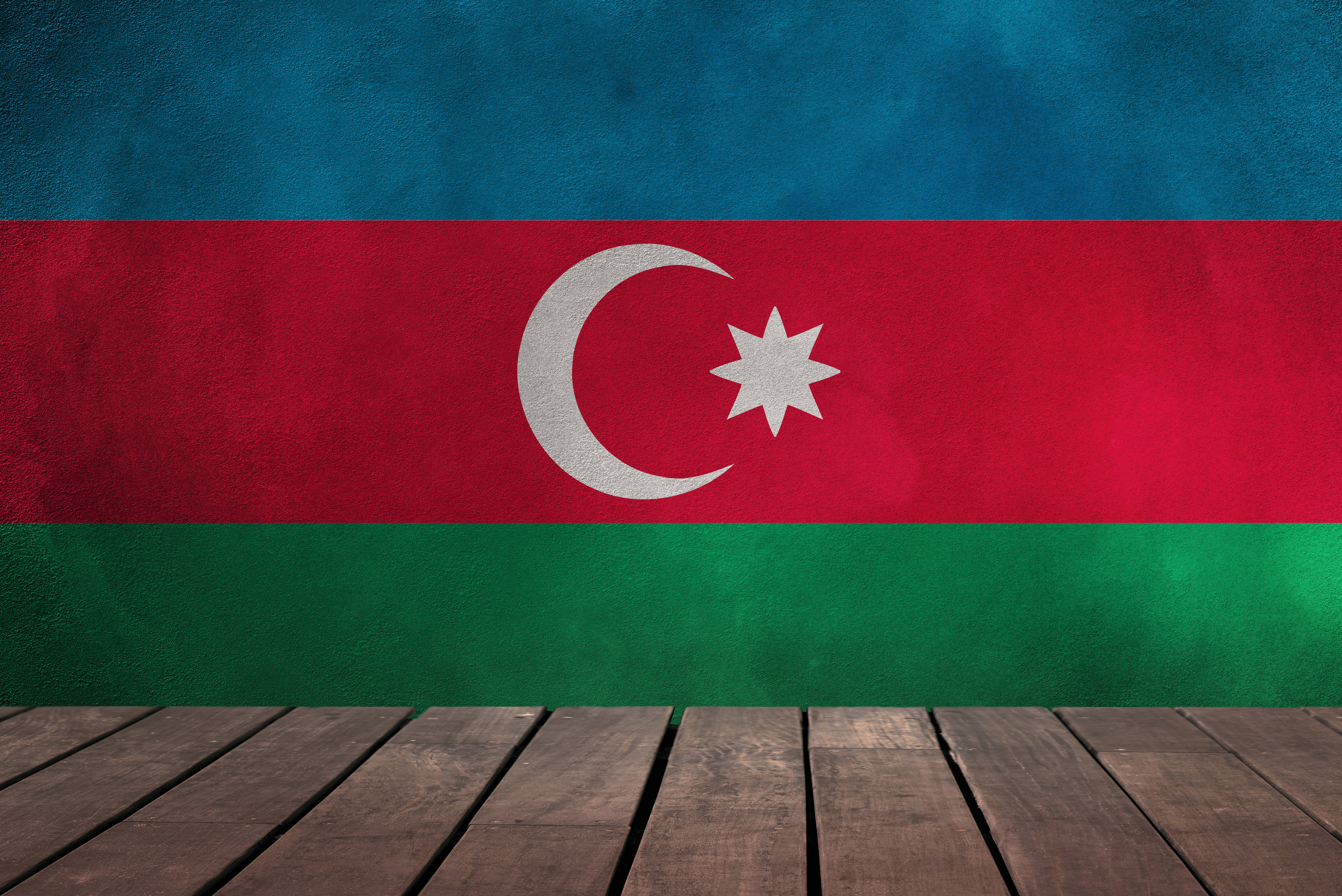 Azerbaijan flag, textured wall, wooden floor, 5K Desktop Wallpaper