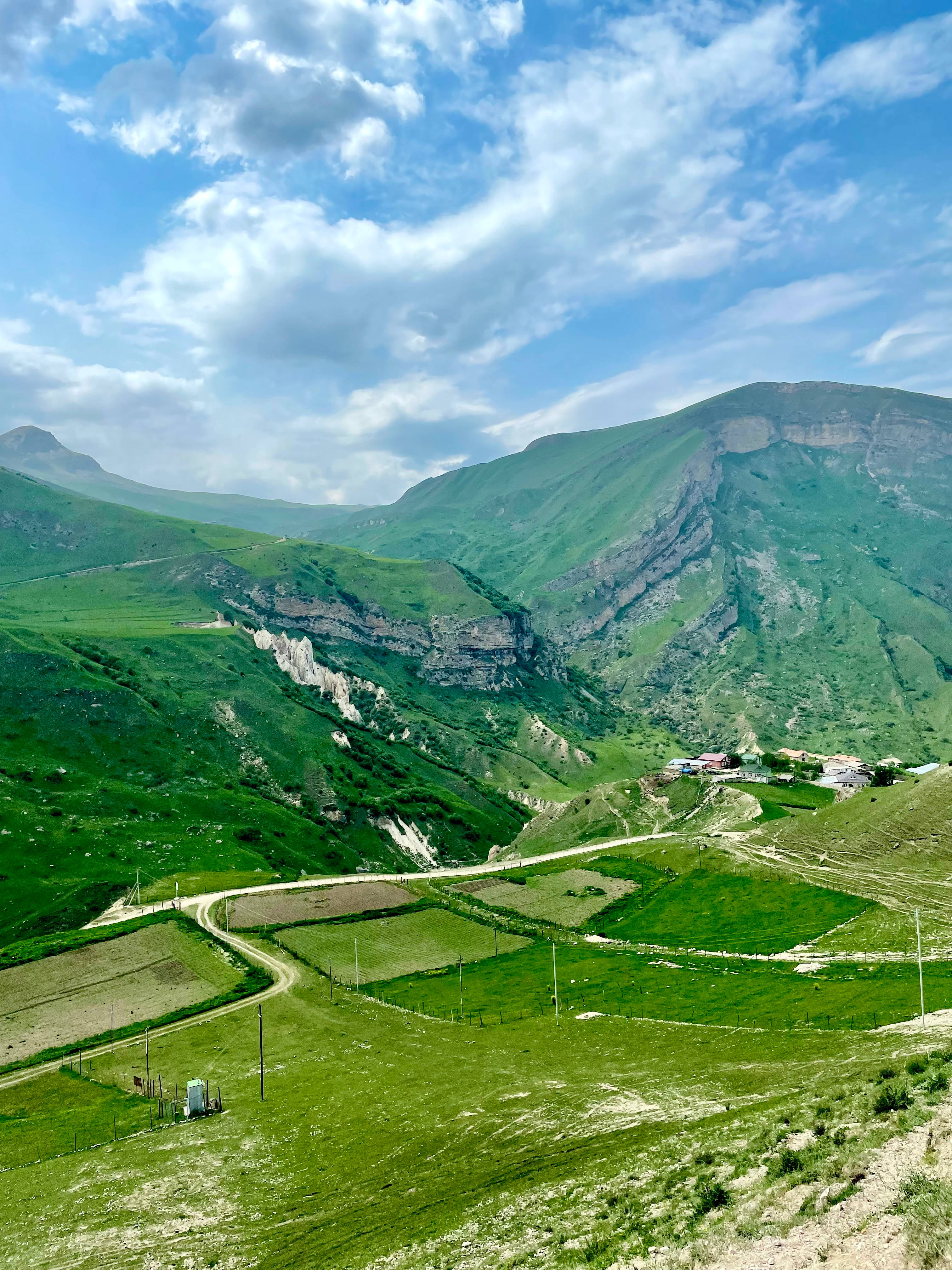 Azerbaijan, green fields, winding road, 4K Phone Wallpaper