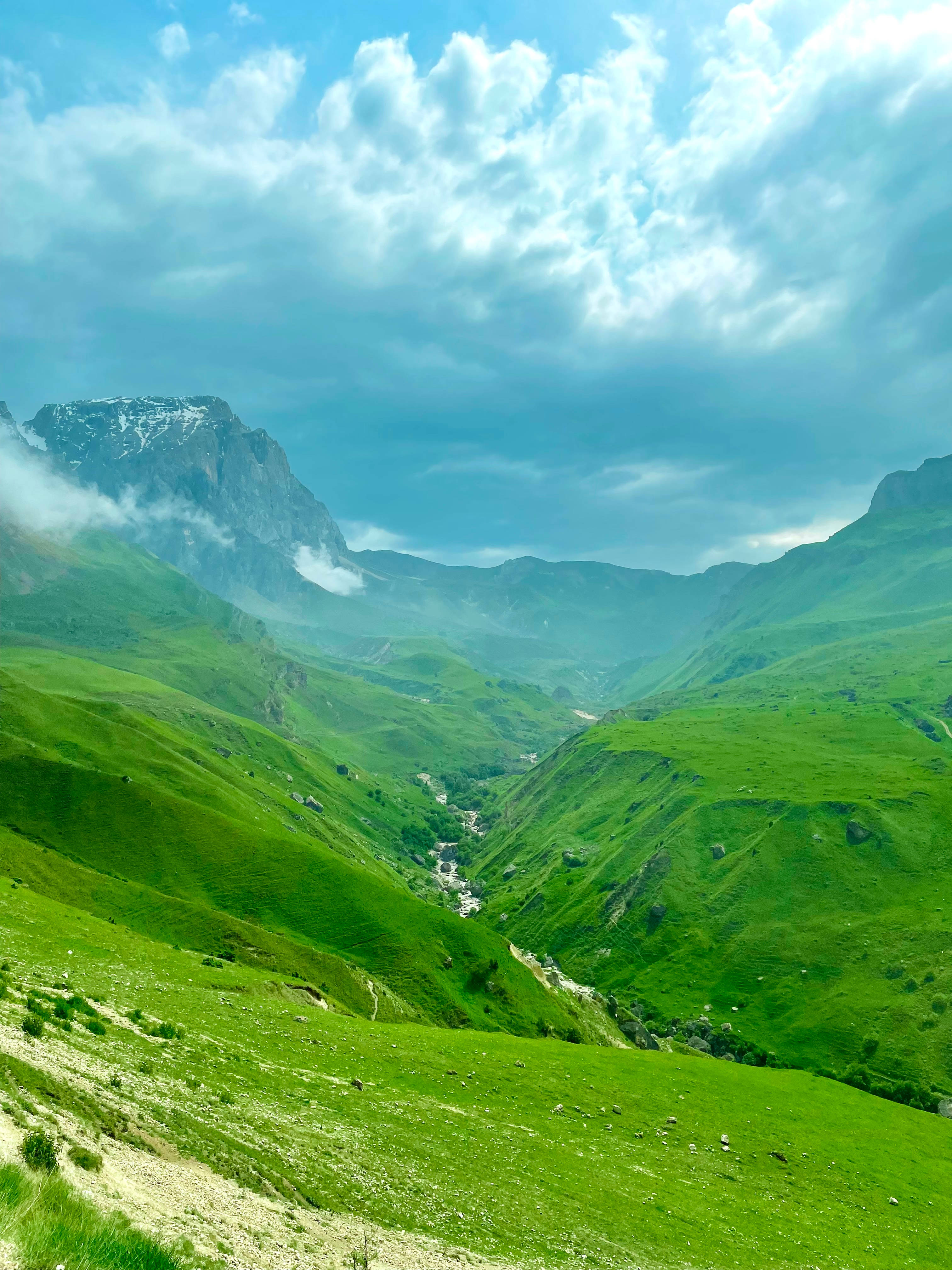 Azerbaijan, green valley, towering mountains, 4K Phone Wallpaper
