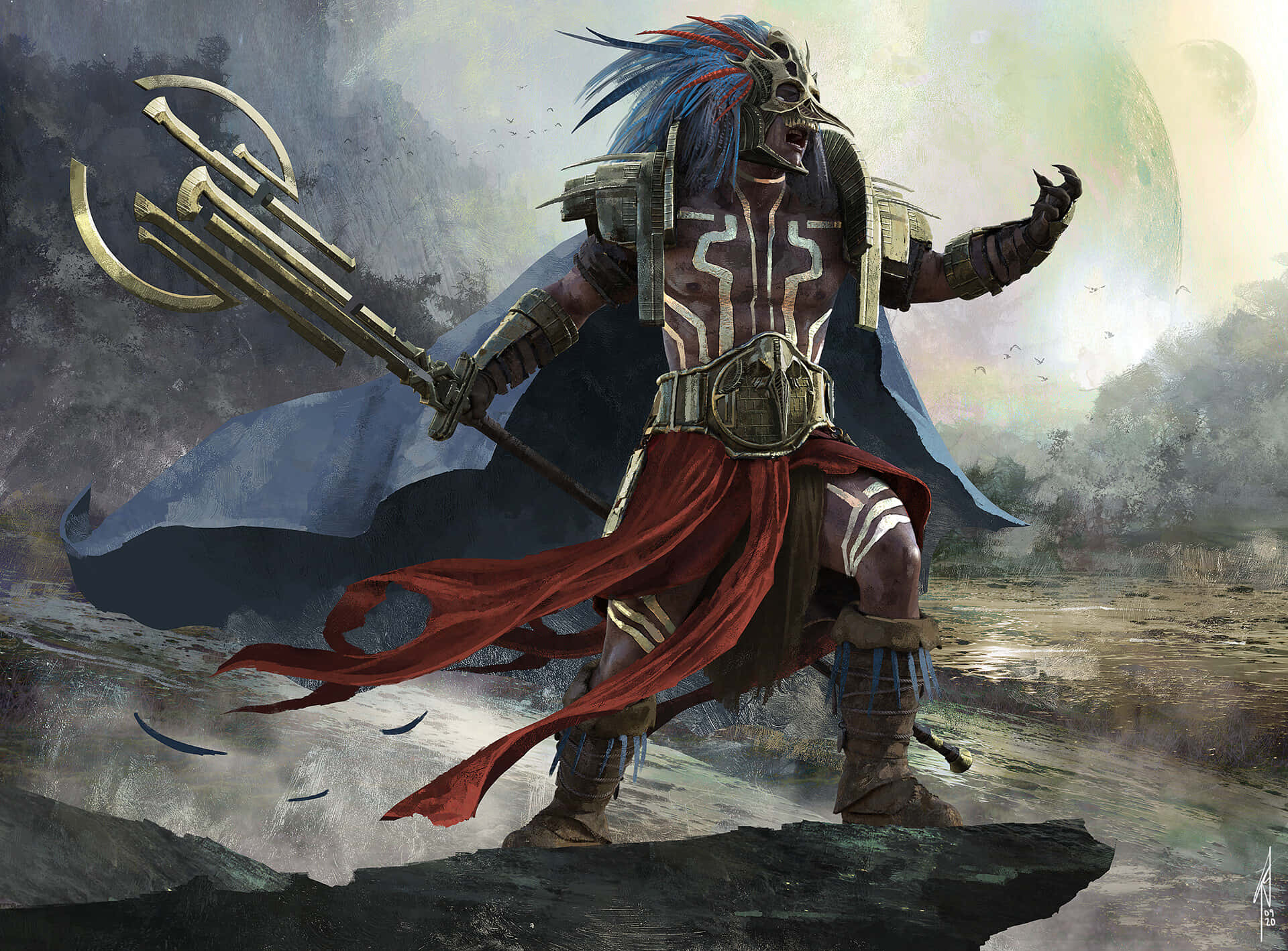 Aztec Warrior, blue hair, ornate armor, Full HD Desktop Wallpaper