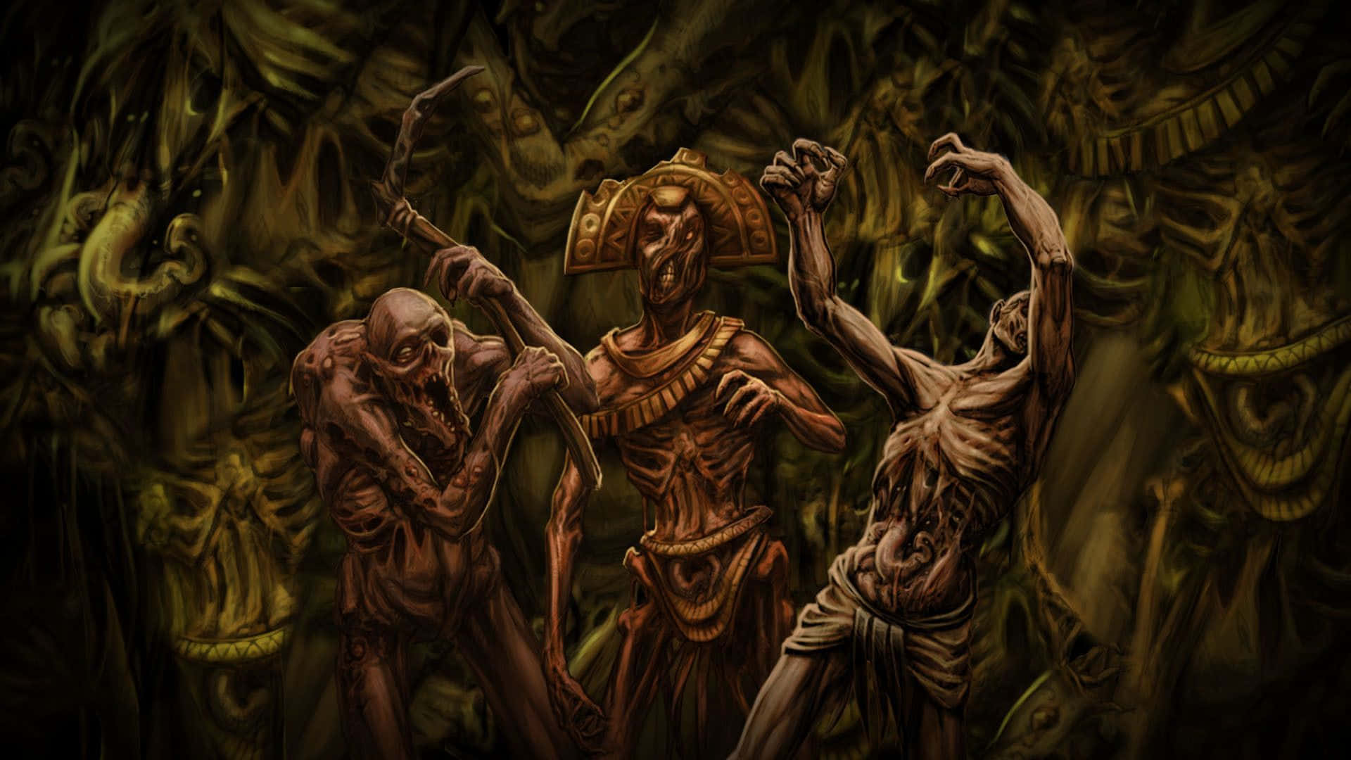 Aztec Warrior, tribal adornments, skeletal figures, Full HD Desktop Wallpaper