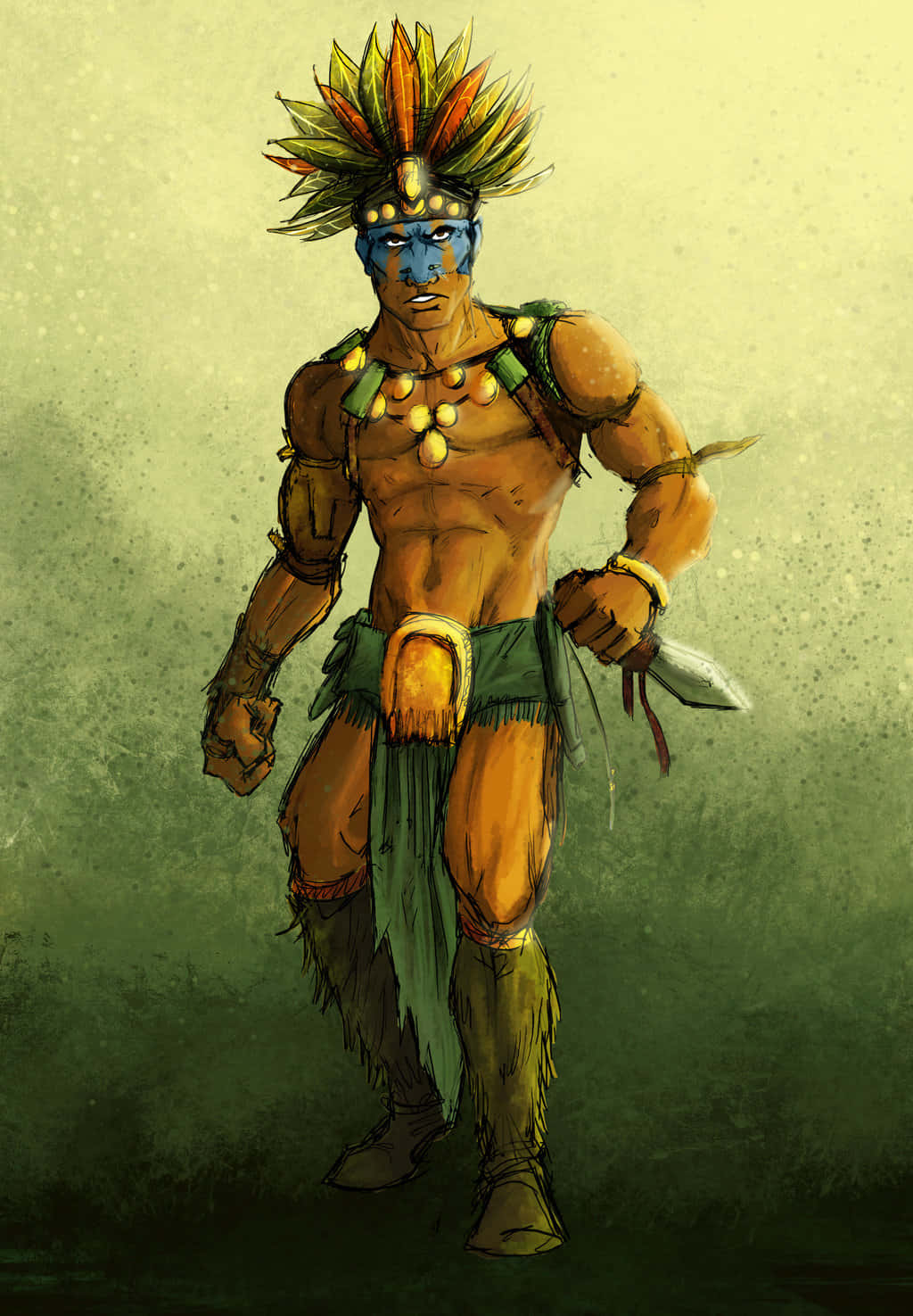 Aztec Warrior, blue-skinned, feathered headdress, HD Phone Wallpaper