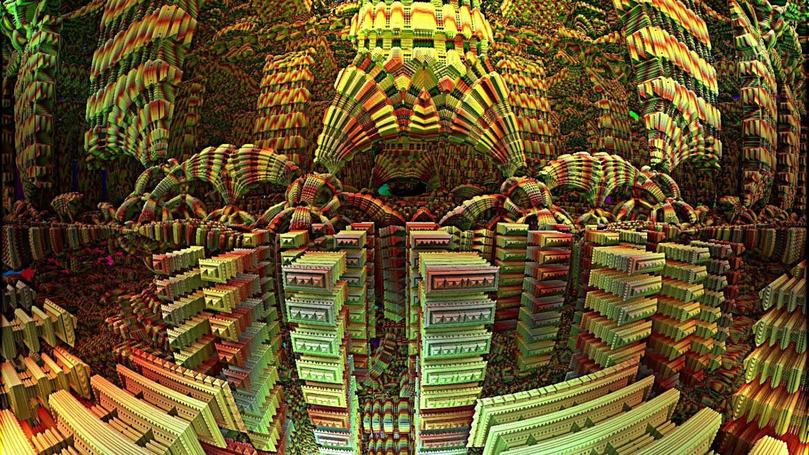 Aztec Warrior, surreal digital landscape, towering fractal-like structures, HD Desktop Wallpaper