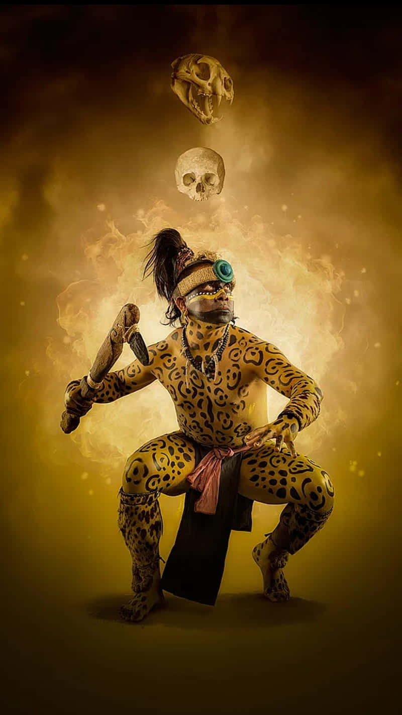 Aztec Warrior, jaguar-patterned body paint, skulls, HD Phone Wallpaper