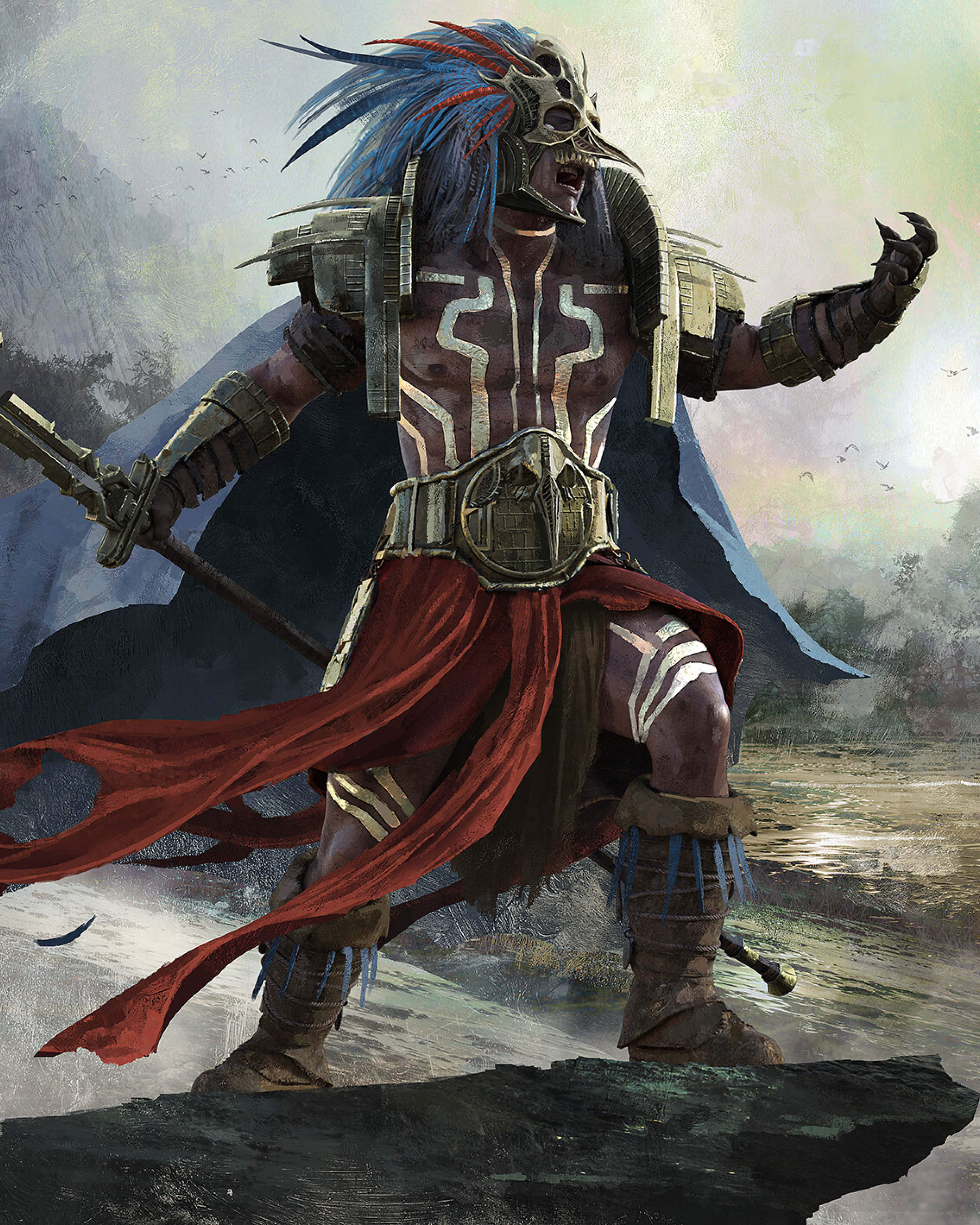 Aztec Warrior, ornate armor, red cape, 4K Phone Wallpaper