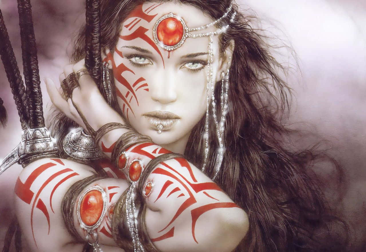 Aztec Warrior, red eyes, sword, SD Desktop Wallpaper