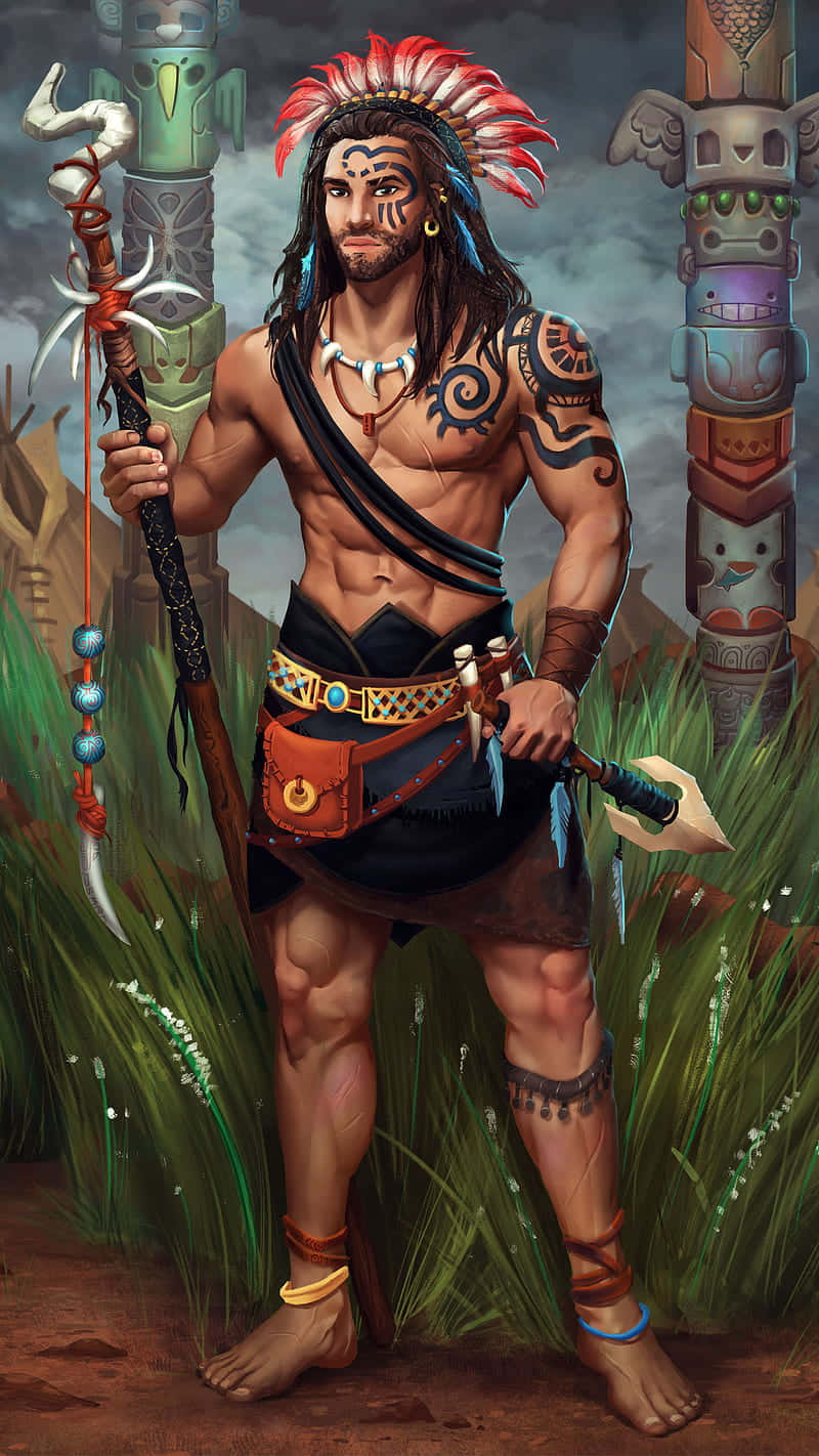 Aztec Warrior, red feather headdress, tribal tattoos, HD Phone Wallpaper