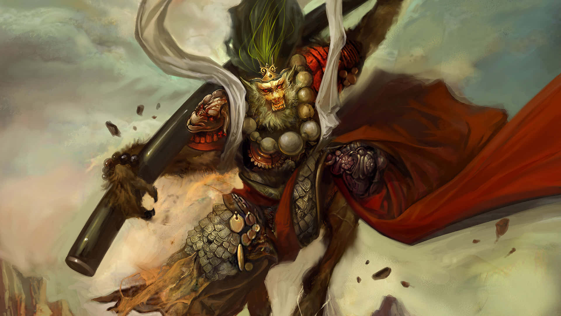 Aztec Warrior, green hair, red cape, Full HD Desktop Wallpaper