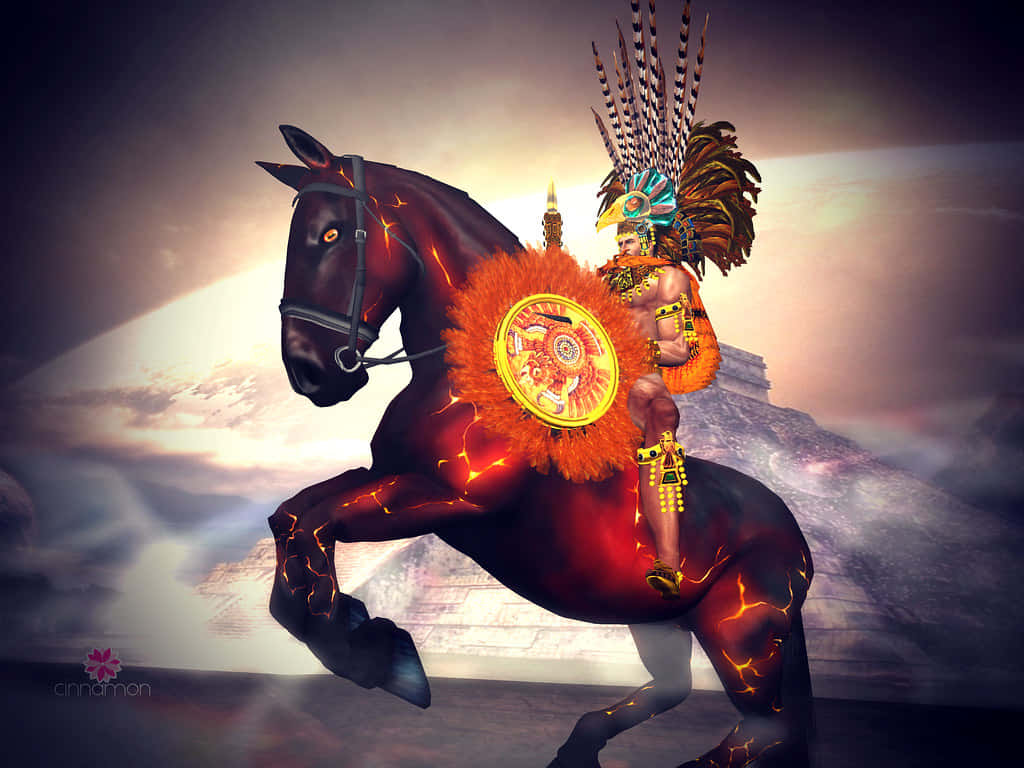 Aztec Warrior, ornate headdress, fiery black horse, SD Desktop Wallpaper