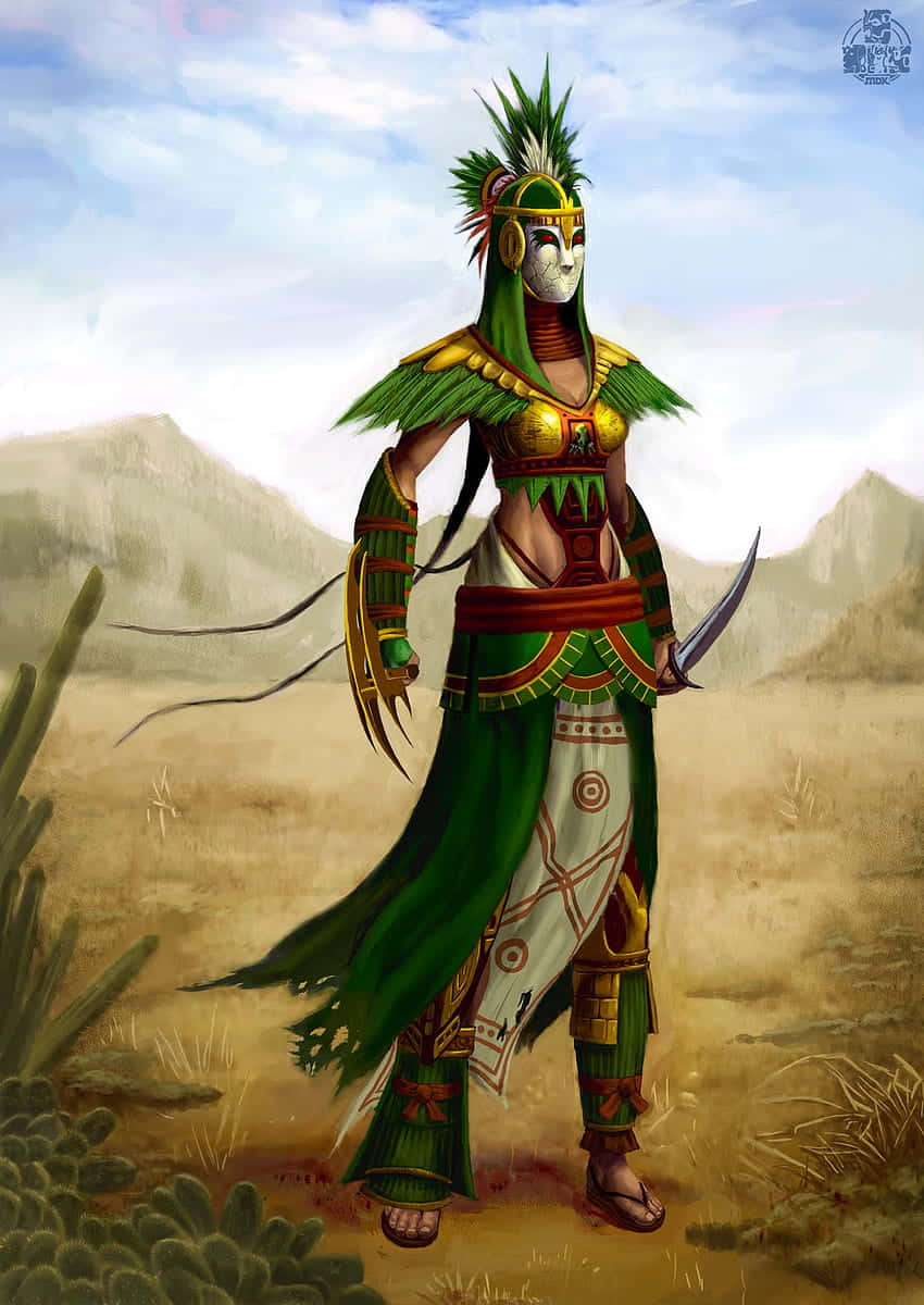 Aztec Warrior, green and gold armor, desert landscape, SD Phone Wallpaper