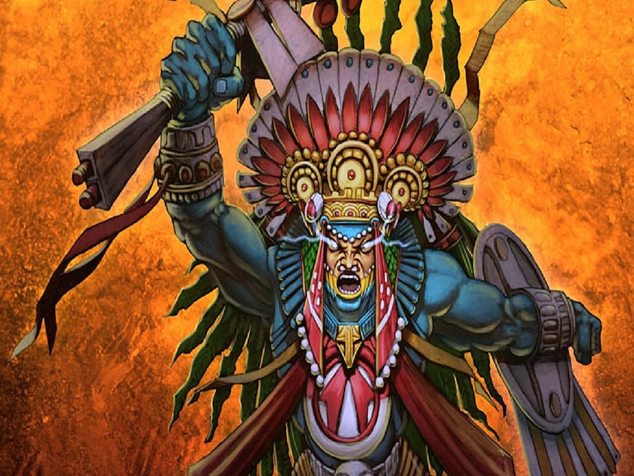 Aztec Warrior, blue-skinned, spiked headdress, HD Desktop Wallpaper