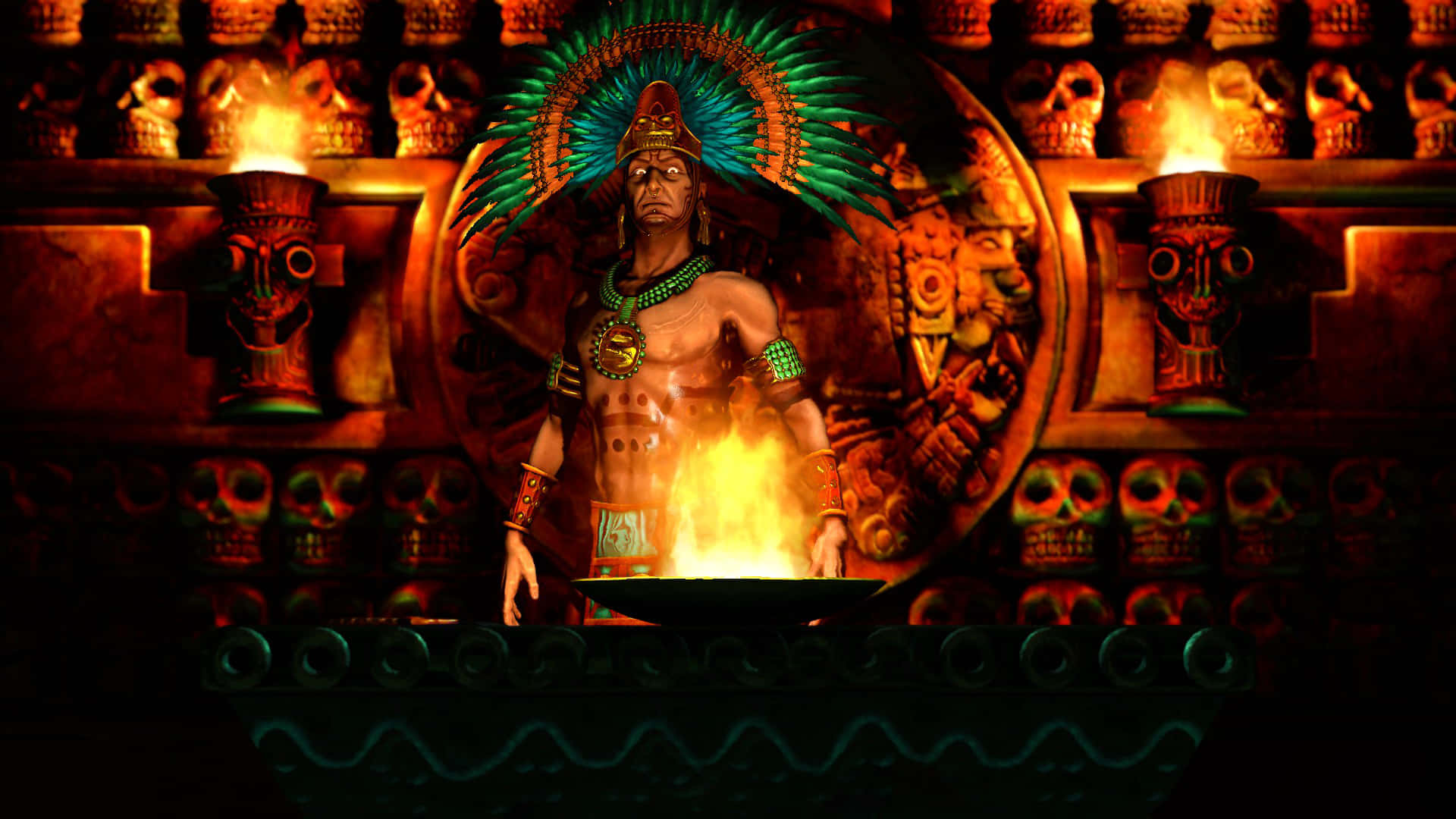 Aztec Warrior, green feathered headdress, flaming altar, Full HD Desktop Wallpaper