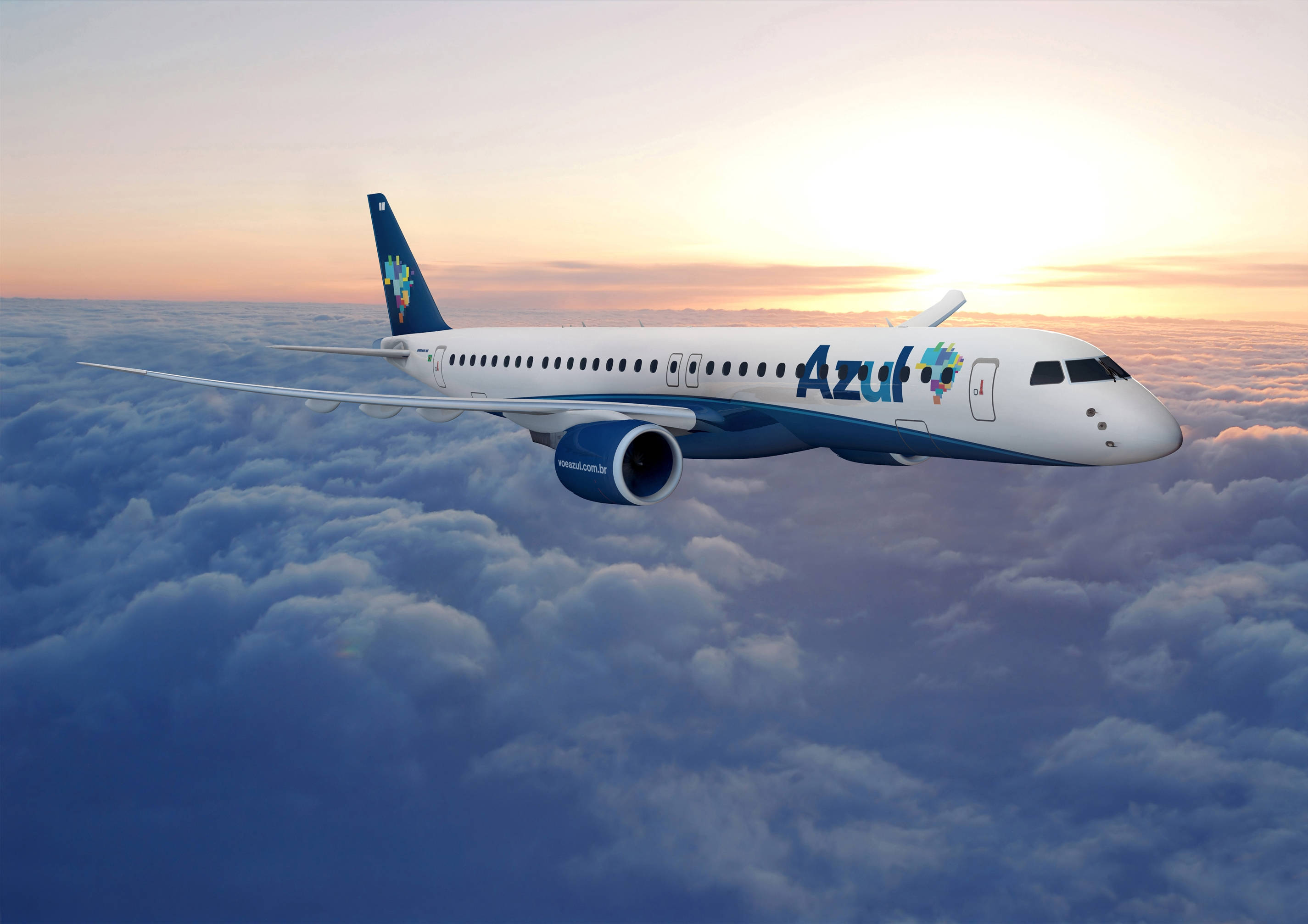 Azul Airlines, sunrise, golden, 2K Desktop Wallpaper