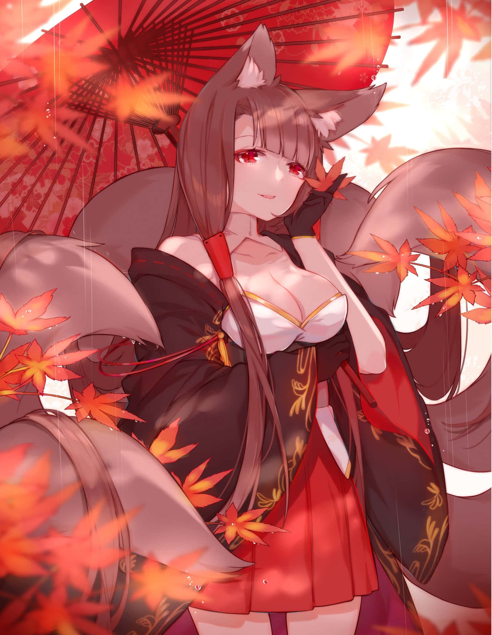Azur Lane Akagi, fox-eared anime girl, red and black kimono, Full HD Phone Wallpaper
