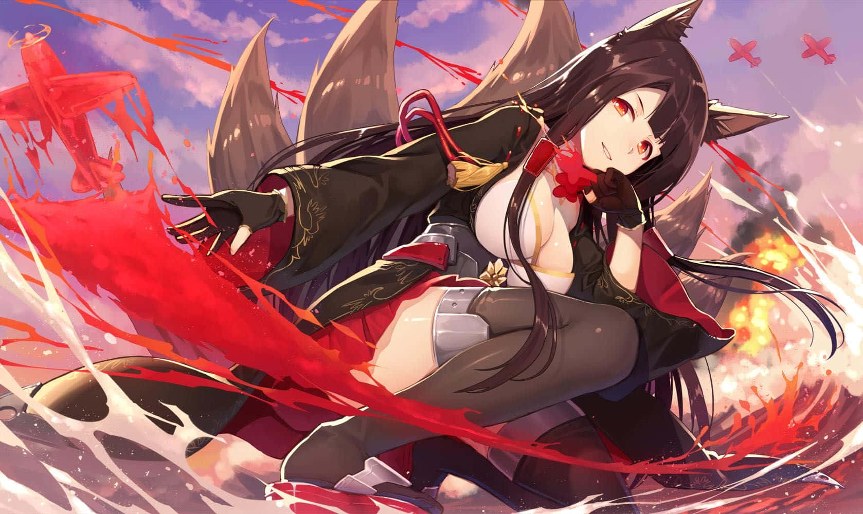 Azur Lane Akagi, anime girl, cat ears, HD Desktop Wallpaper