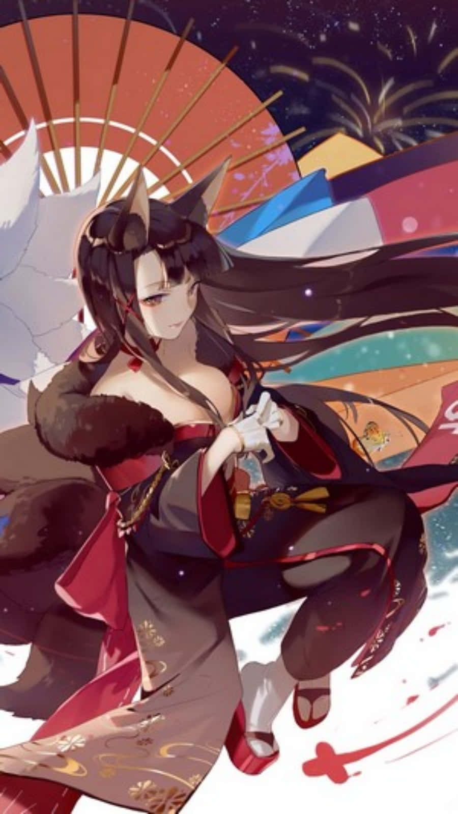 Azur Lane Akagi, fox spirit, red and black kimono, HD Phone Wallpaper