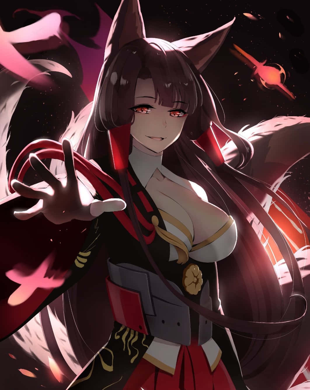 Azur Lane Akagi, fox-eared anime girl, red and black armor, HD Phone Wallpaper