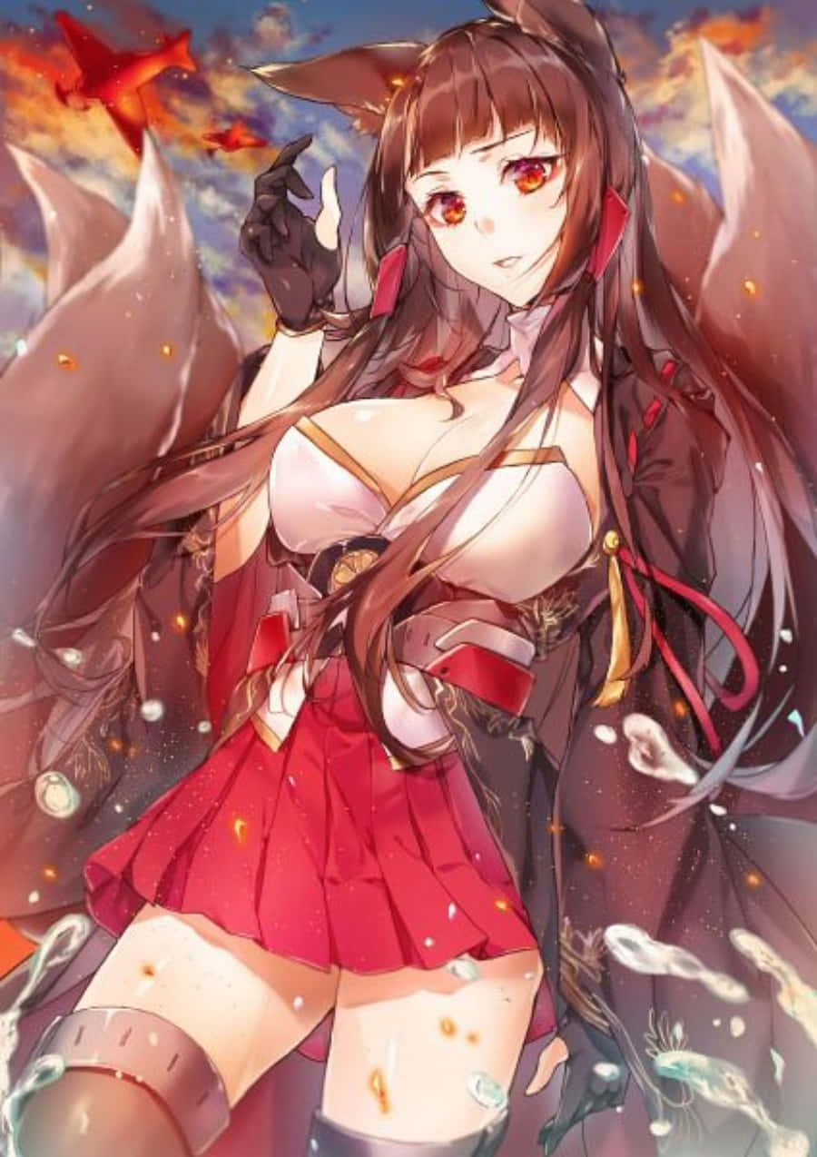 Azur Lane Akagi, fiery-haired, fox ears, SD Phone Wallpaper