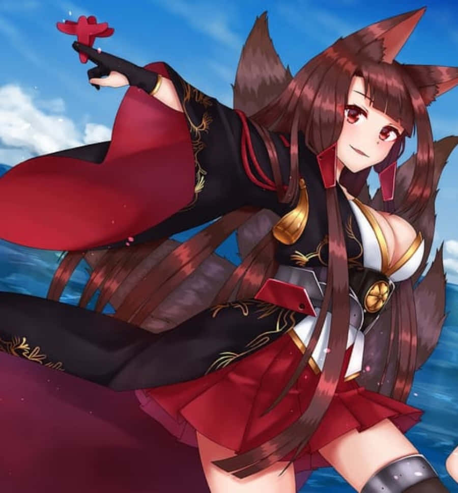 Azur Lane Akagi, fox-eared anime girl, red and black outfit, SD Phone Wallpaper