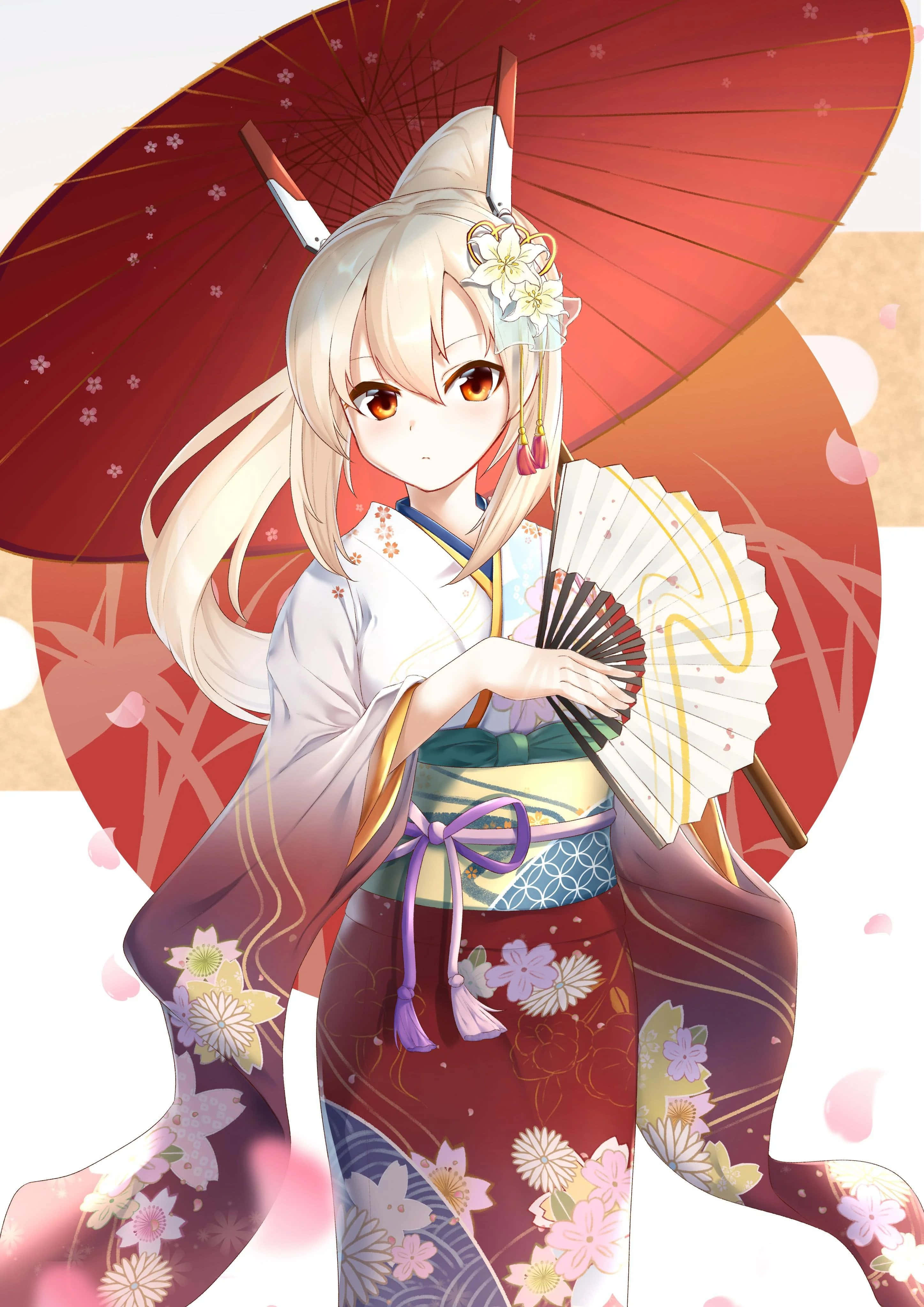 Azur Lane Ayanami, floral kimono, red umbrella, 4K Phone Wallpaper
