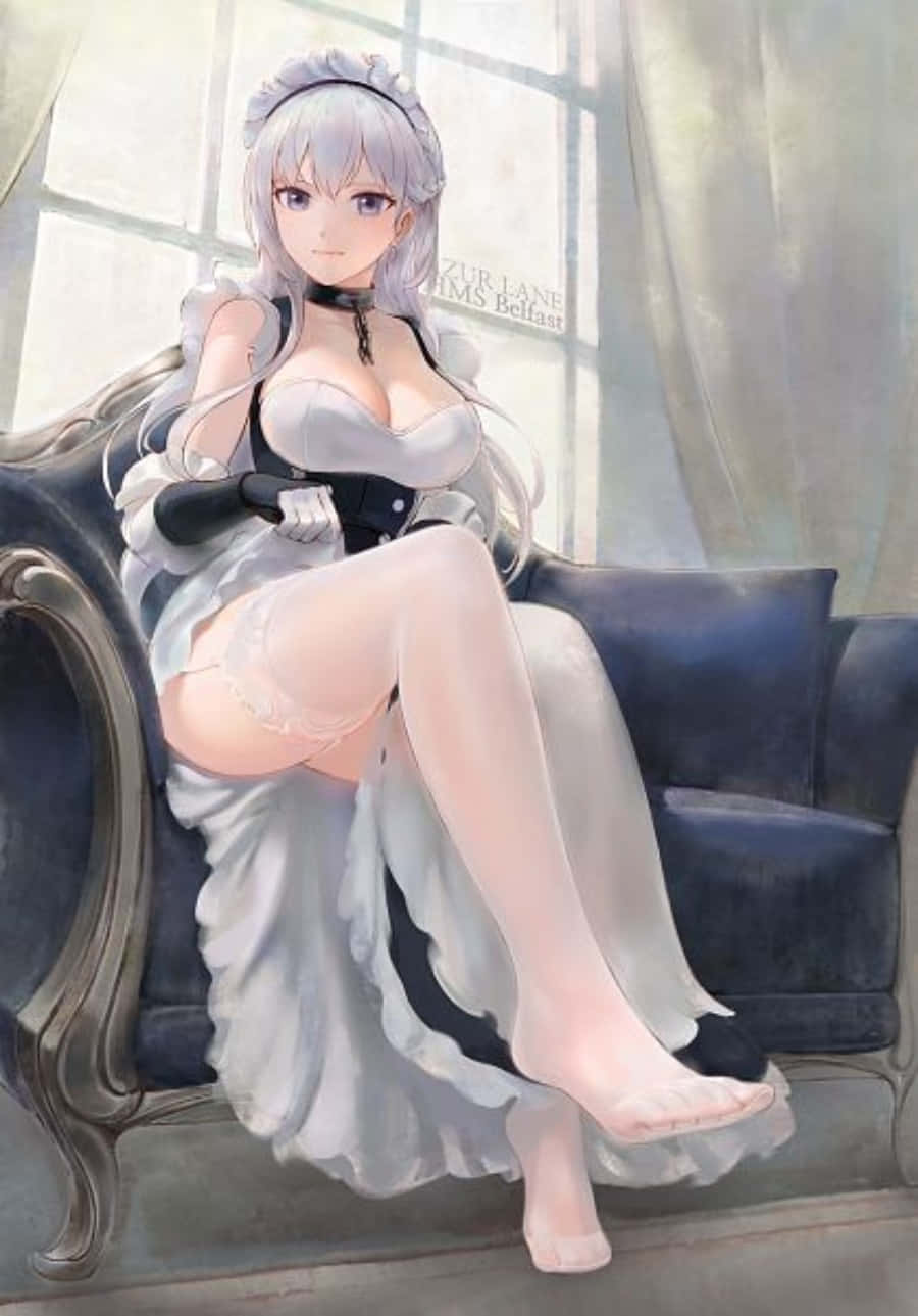 Azur Lane Belfast, silver-haired anime maid, white frilly dress, HD Phone Wallpaper