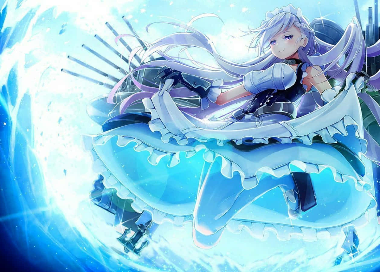 Azur Lane Belfast, silver-haired anime girl, blue frilly dress, SD Desktop Wallpaper