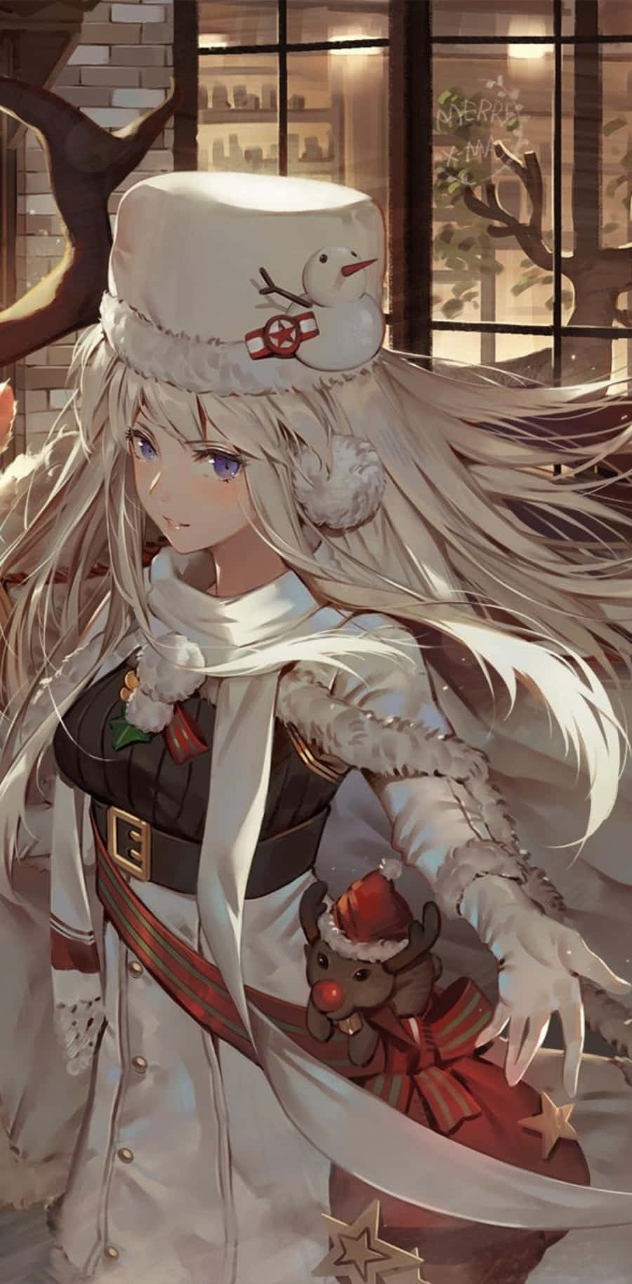 Azur Lane Enterprise, white hair, snowman hat, HD Phone Wallpaper