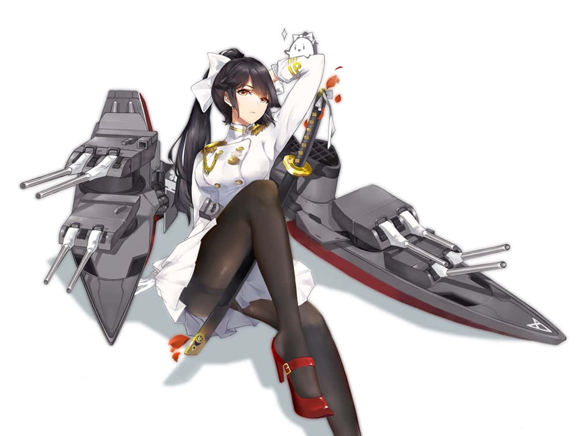 Azur Lane Takao, white naval uniform, grey warships, SD Desktop Wallpaper