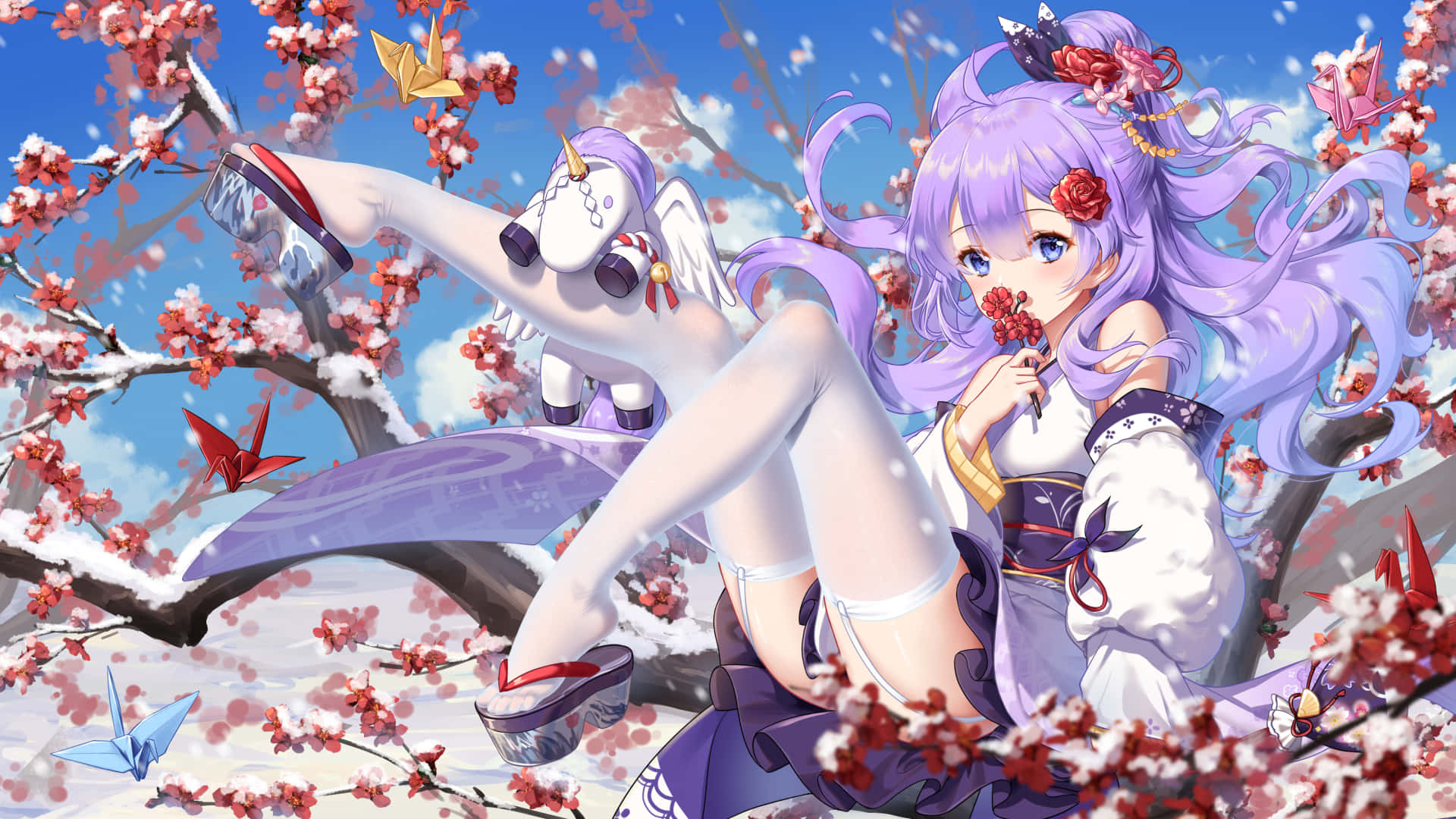 Azur Lane, unicorn-like creature, purple-haired anime girl, Full HD Desktop Wallpaper