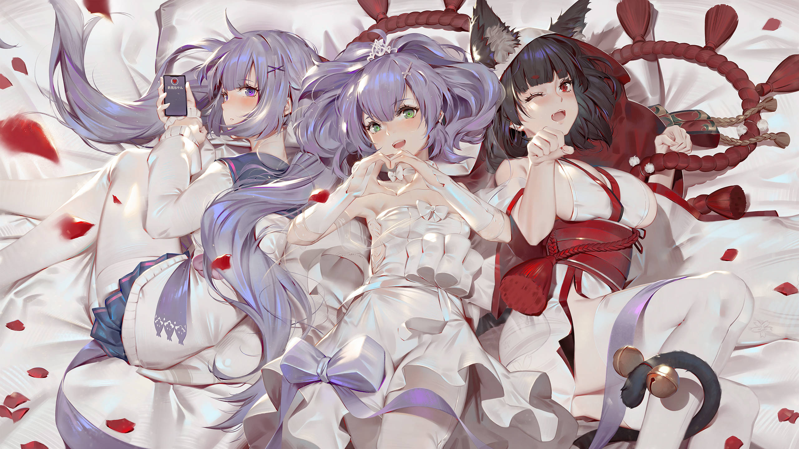 Azur Lane, purple and black hair, red rose petals, 2K Desktop Wallpaper