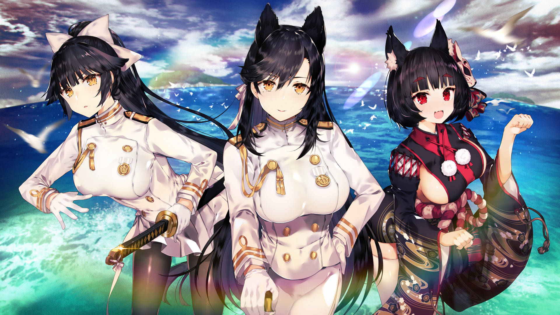 Azur Lane, three girls, cat ears, Full HD Desktop Wallpaper