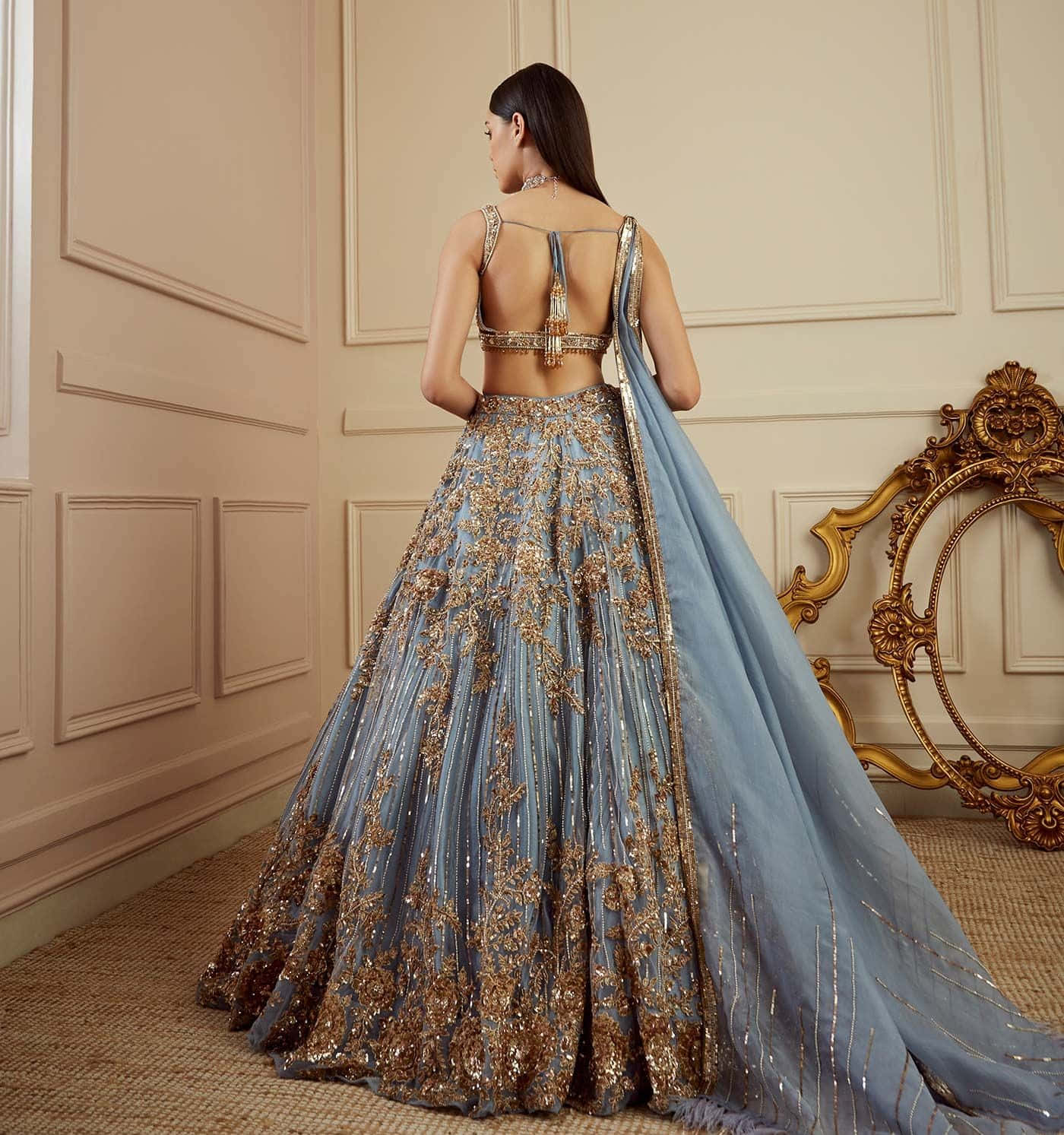 Azure Blue, blue and gold embroidered lehenga, luxurious room, HD Phone Wallpaper