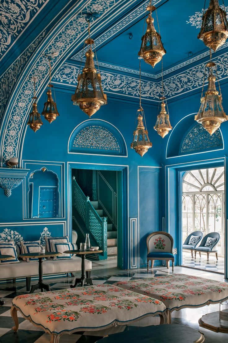 Azure Blue, blue and gold, ornate room, SD Phone Wallpaper
