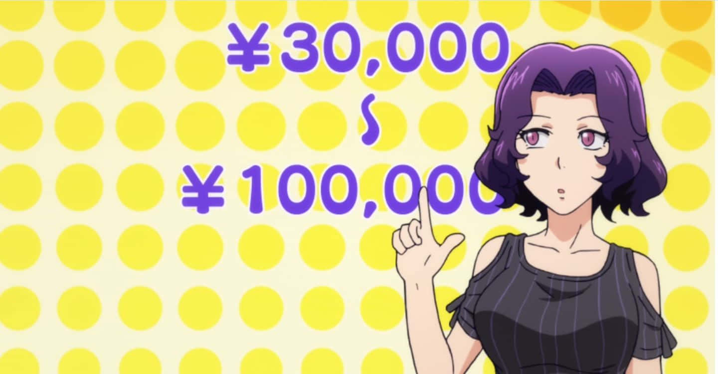 Azusa Hamaoka, purple hair, price tags showing ¥30,000 and ¥100,000, HD Desktop Wallpaper