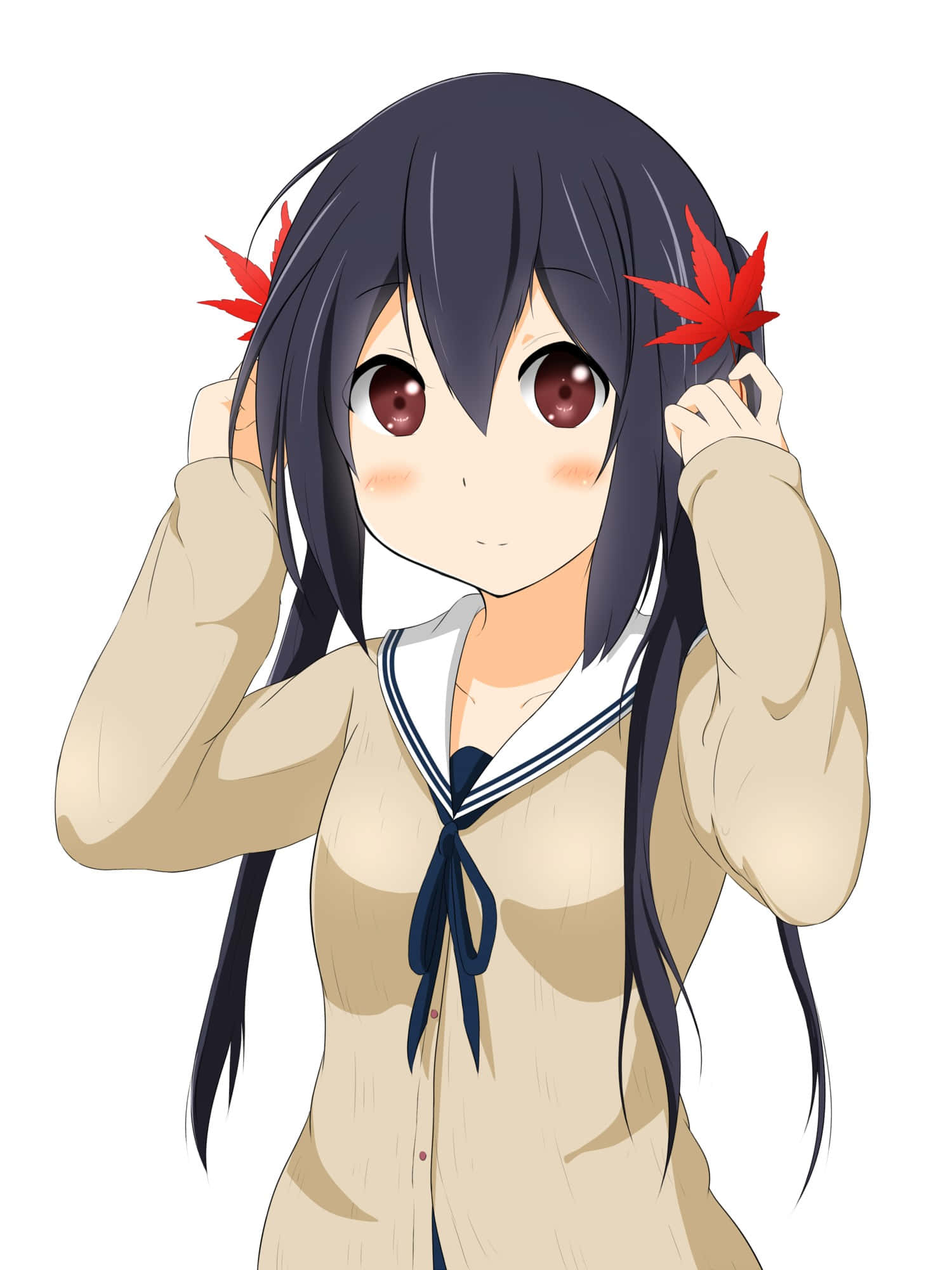 Azusa Nakano, dark hair, red maple leaves, Full HD Phone Wallpaper