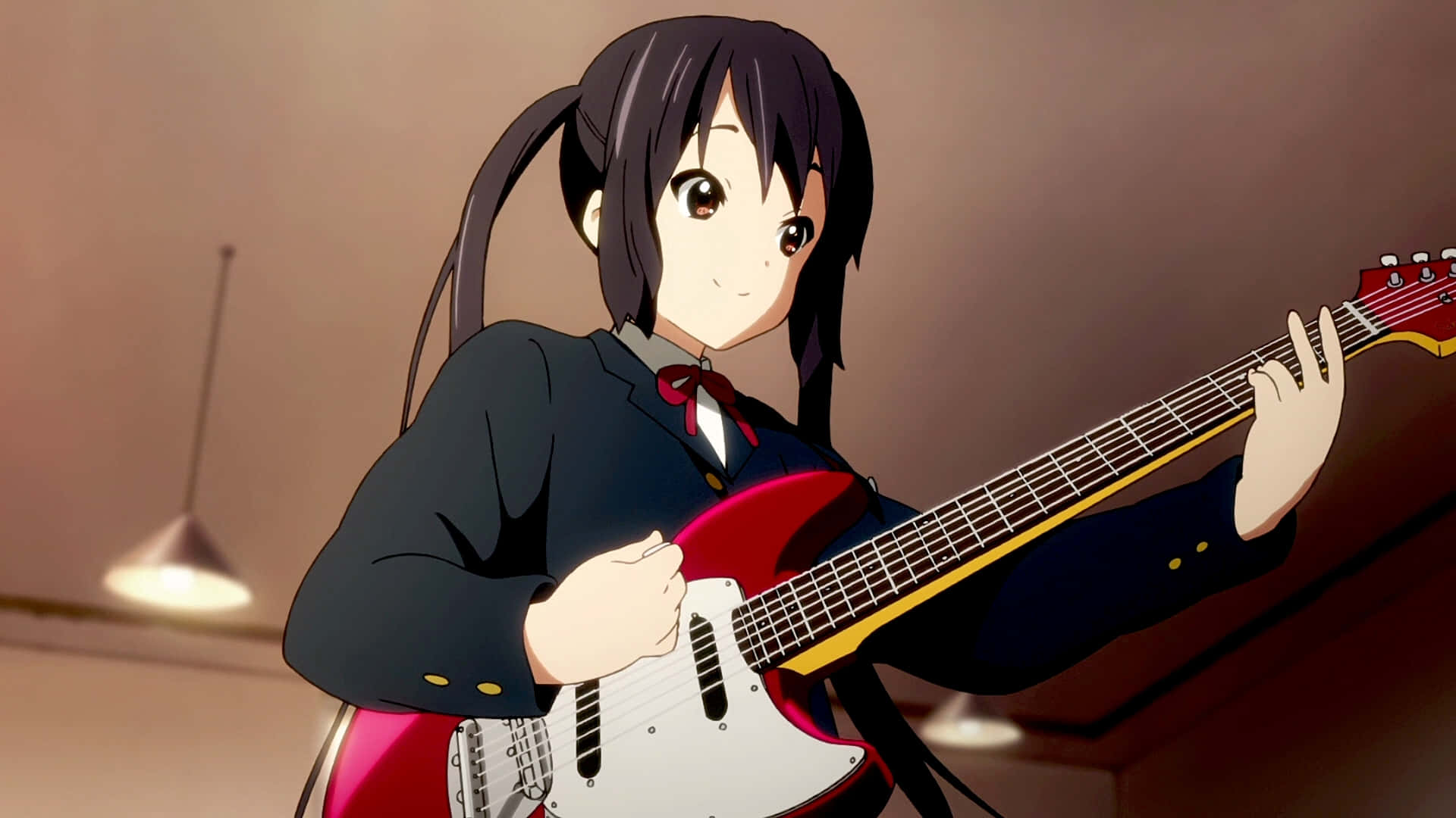 Azusa Nakano, red electric guitar, school uniform, Full HD Desktop Wallpaper
