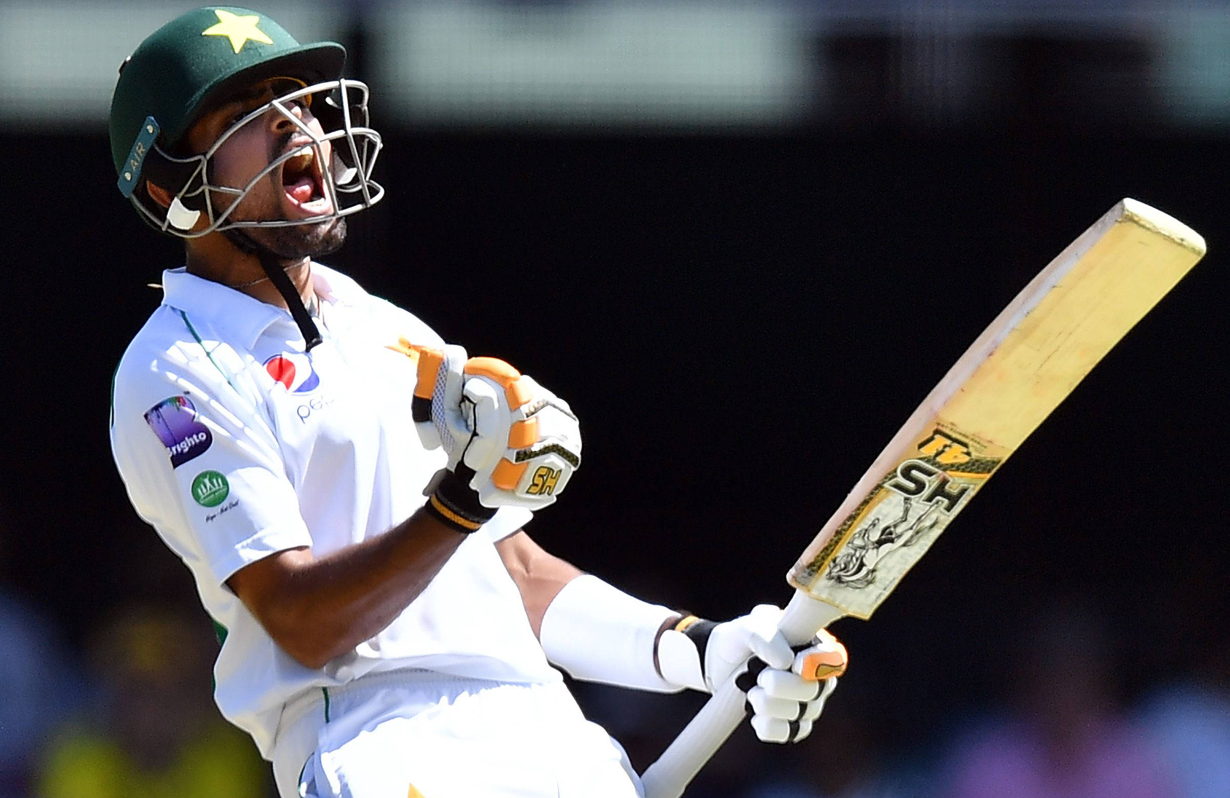 Babar Azam, white cricket uniform, green helmet, Full HD Desktop Wallpaper